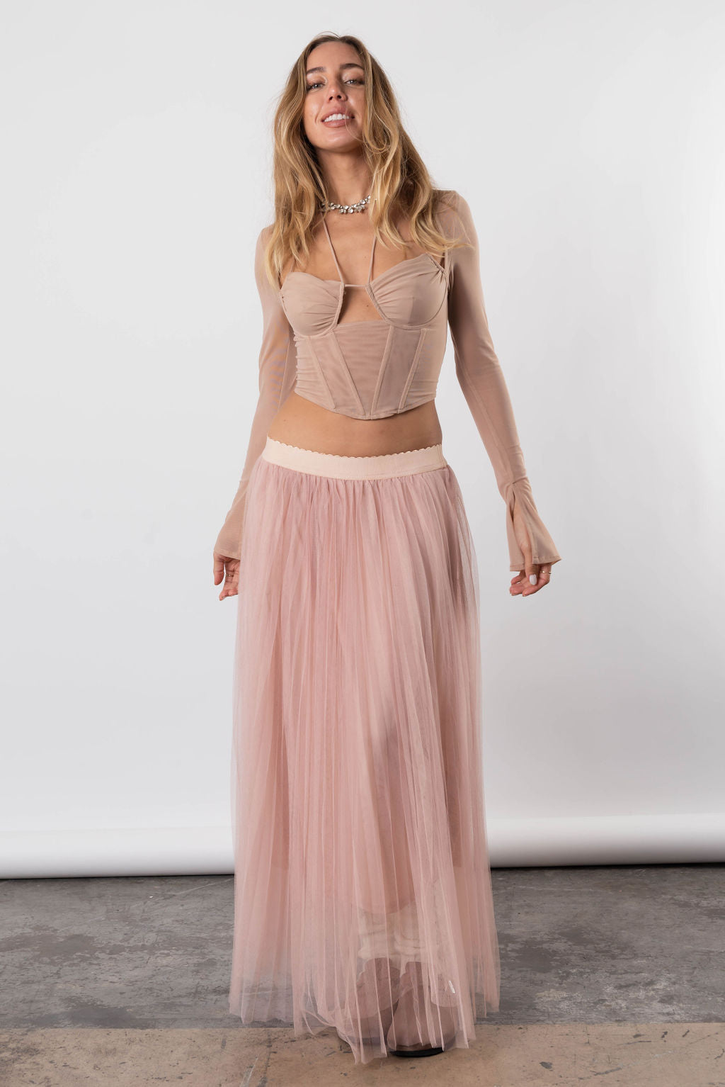 Painted Picture A Line Tulle Midi Skirt In Blush