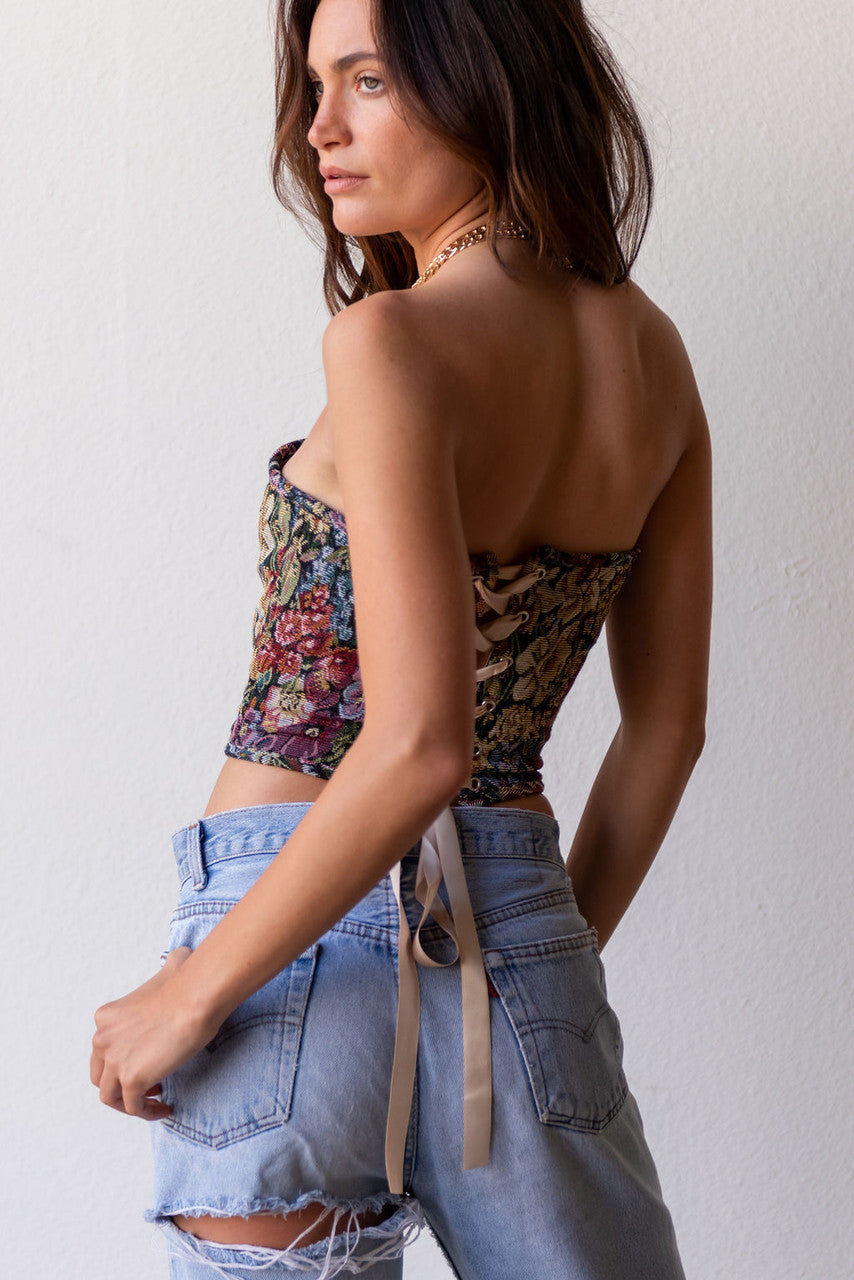 Jane Tapestry Lace Back Corset Top In Dark Floral Multi