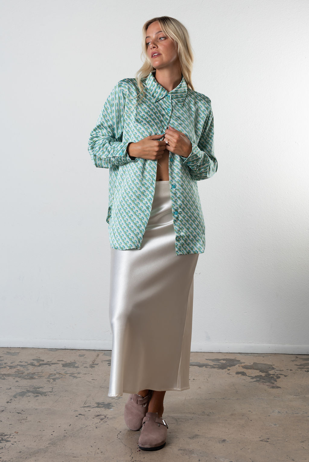 Between The Lines Satin Button Down Top In Aqua/Multi
