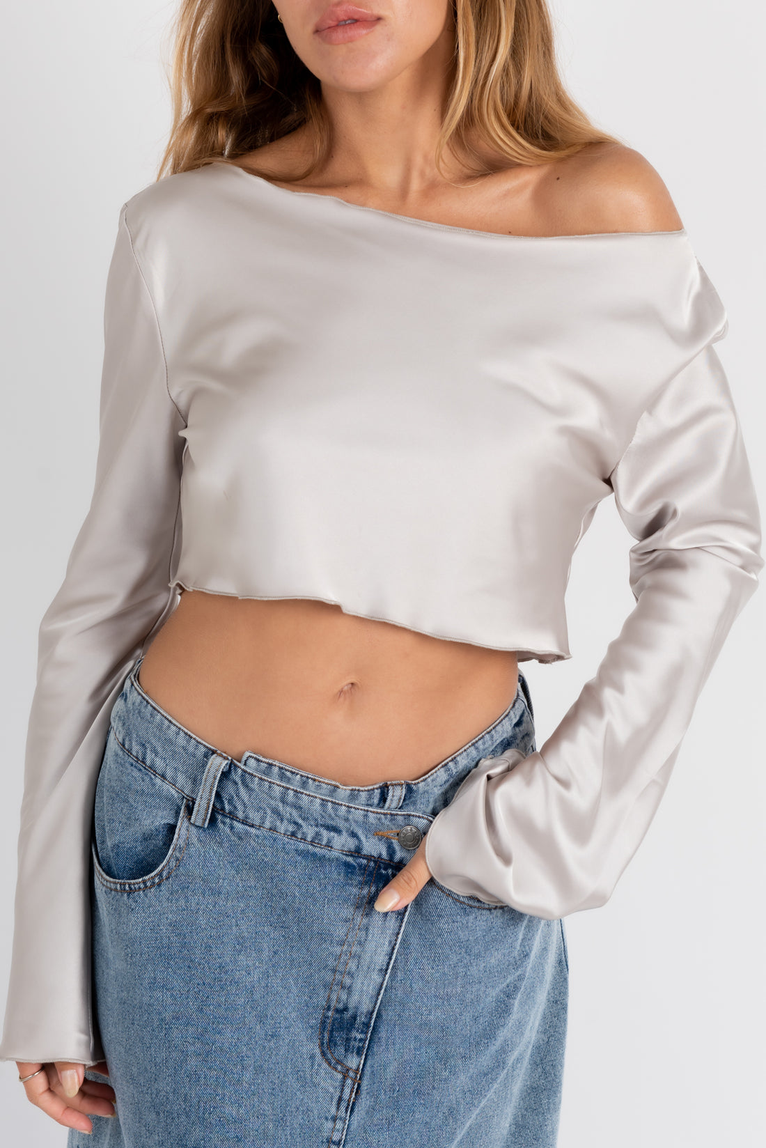 Amour Affair Bell Sleeve Satin Crop Top In Silver