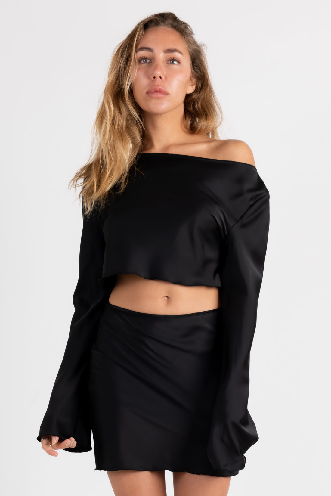 Amour Affair Bell Sleeve Satin Crop Top In Black