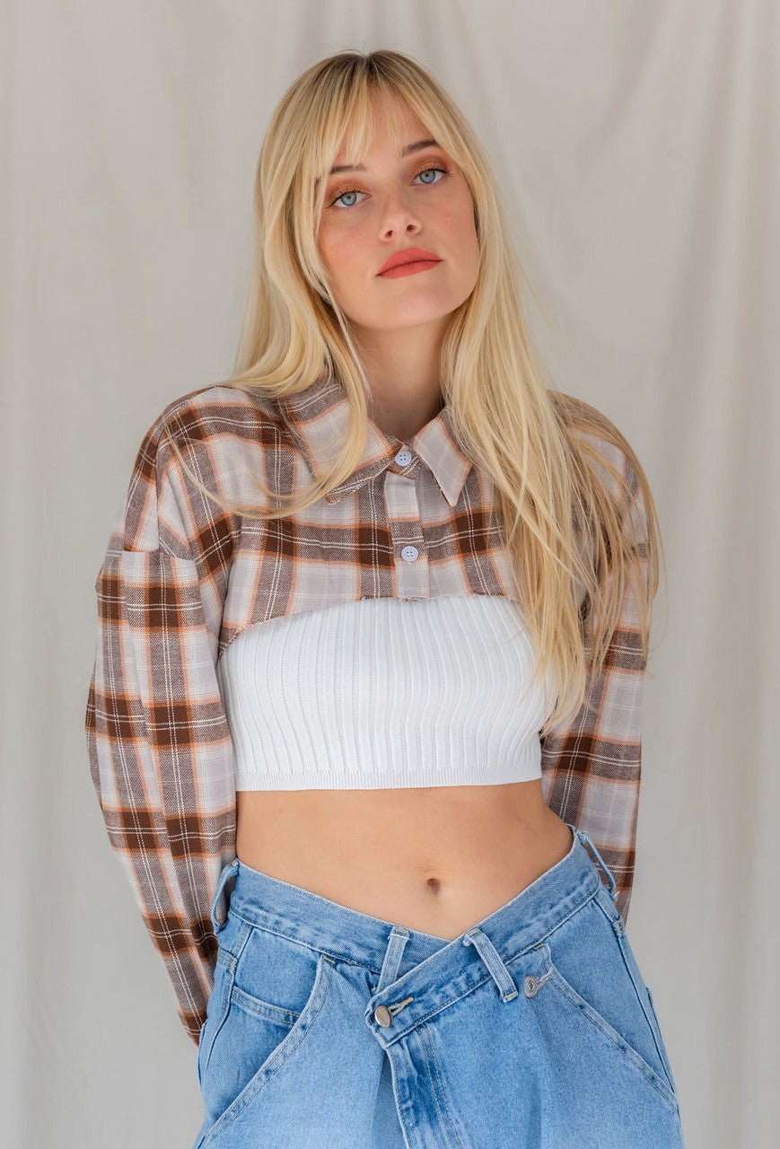 Brown plaid micro crop top  with collar and button front
