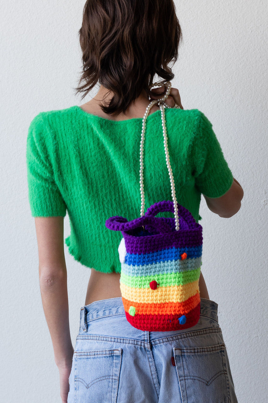 Make A Wish Rainbow Crochet  Handbag W-Pearl Strap