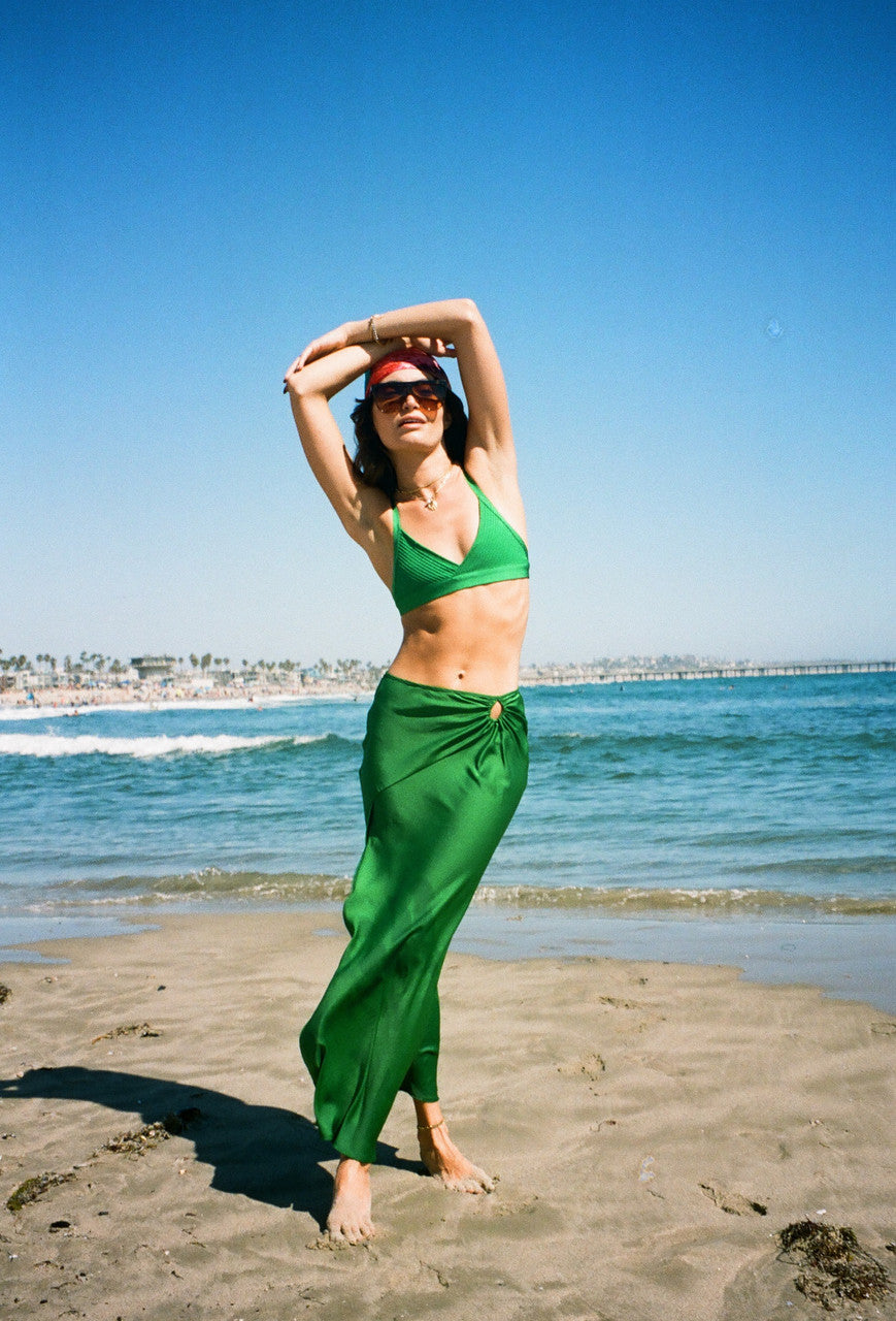 Sea Breeze Satin Midi Skirt In Green