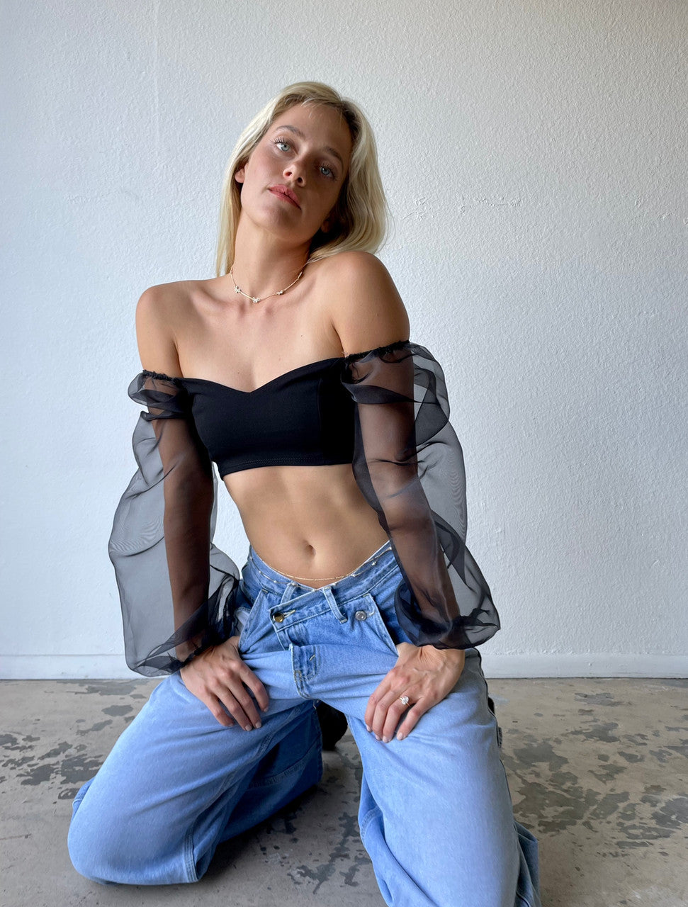 CALIstyle On Stage Knit Crop Top With Puff Sleeves In Black