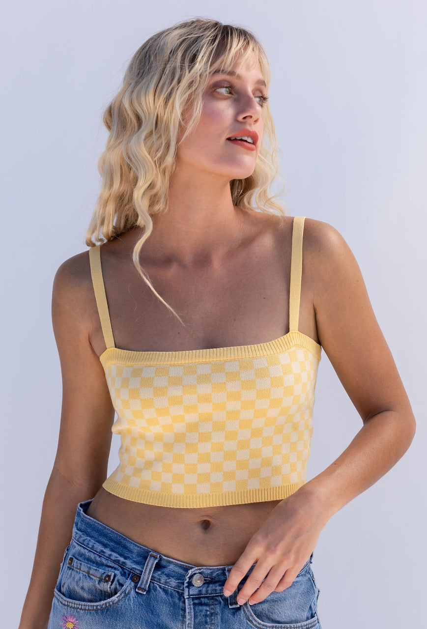 At Sunset Checked Crop Knit Top In Yellow