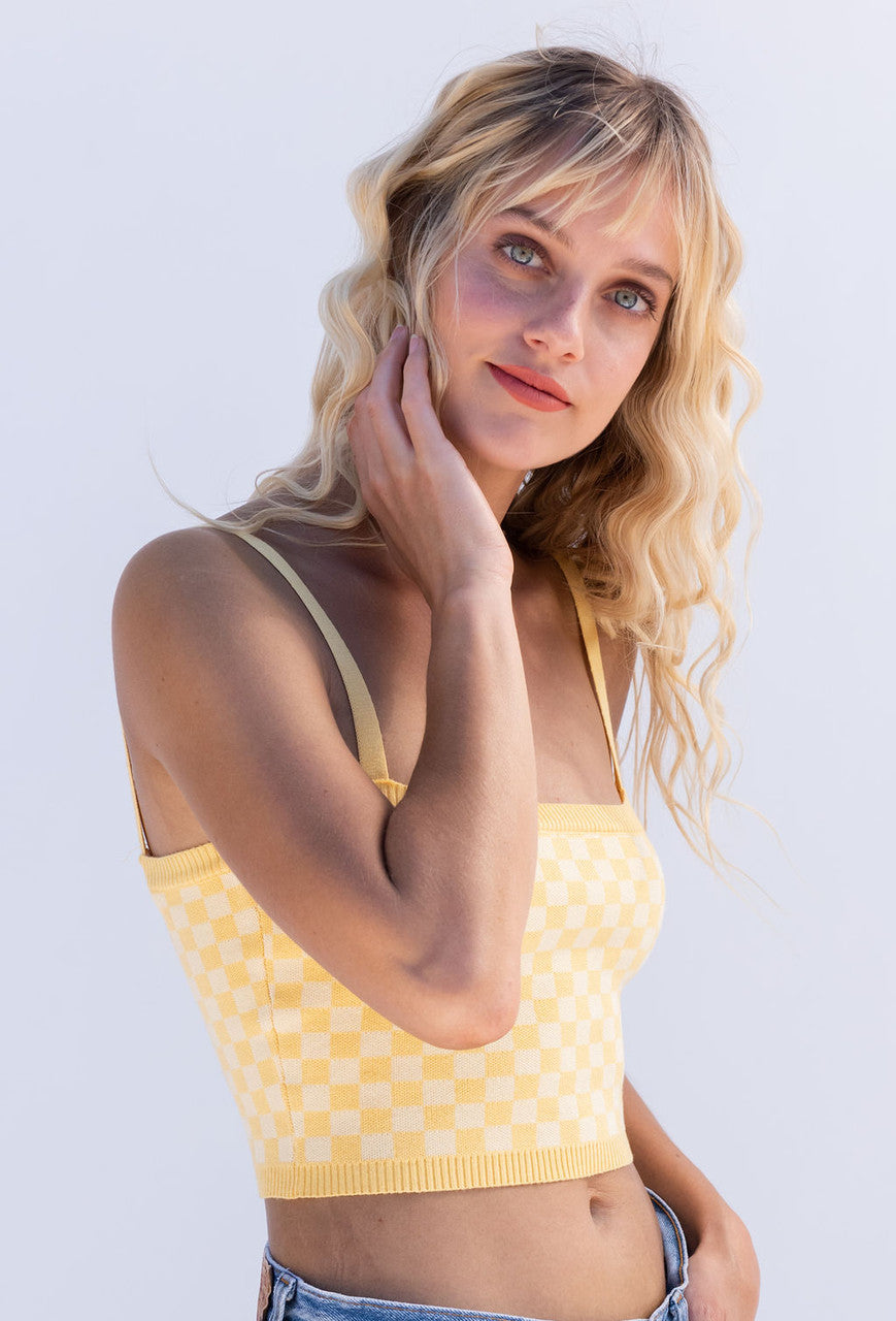At Sunset Checked Crop Knit Top In Yellow