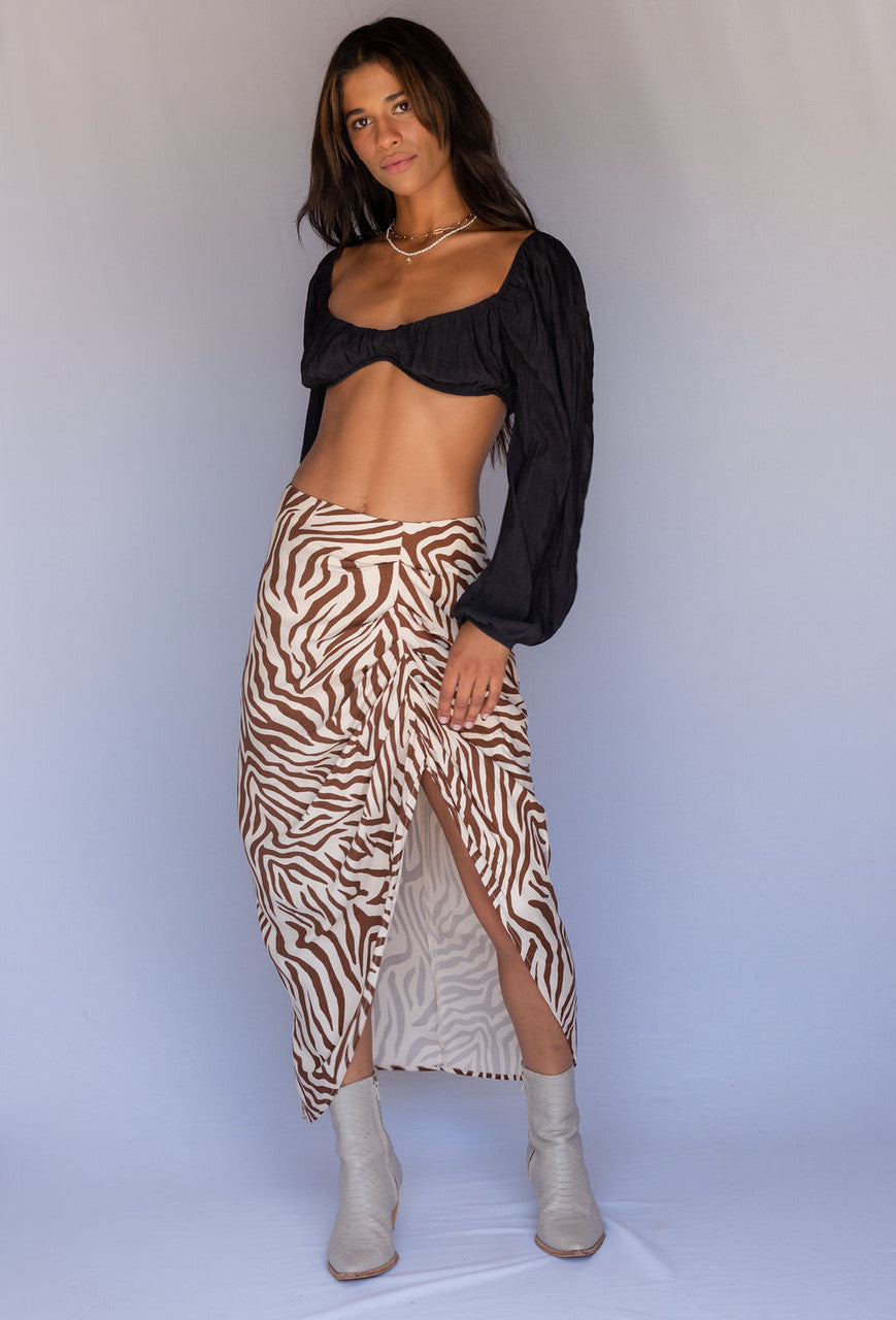 CALIstyle Raven Ruched Midi Skirt In Brown/Zebra Print
