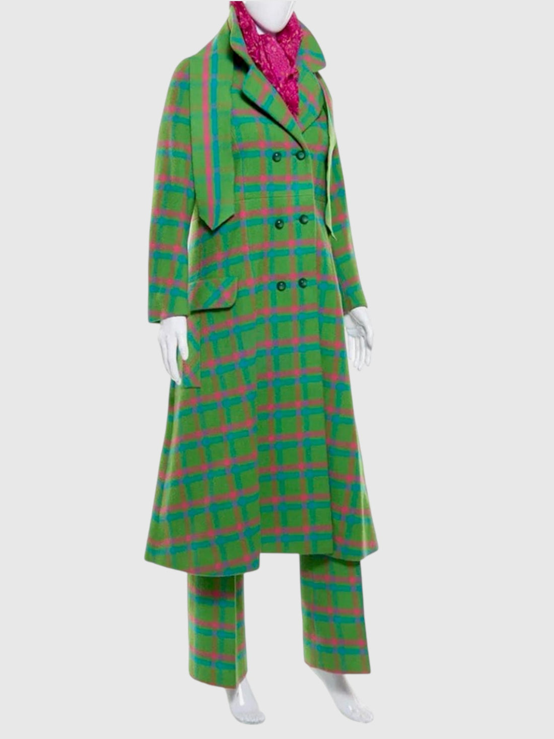 1960s Iris Apfel Estate Green Plaid Wool Coat & Trouser Set