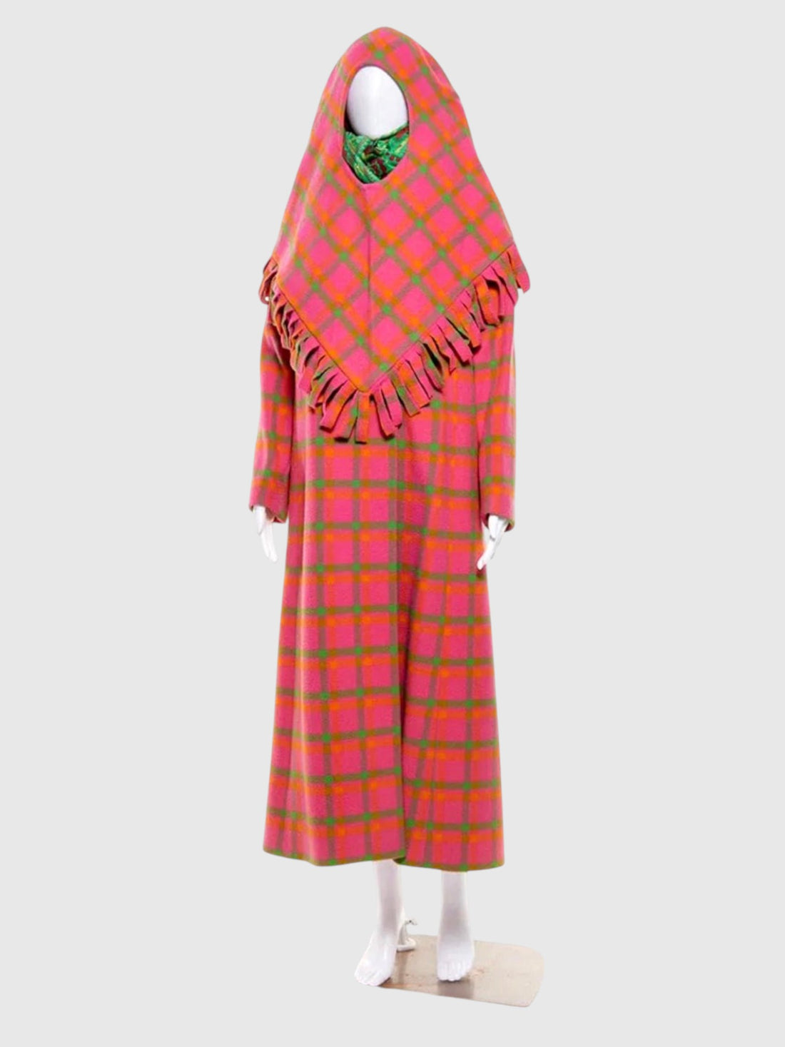 1960s Iris Apfel Estate Pink Plaid Wool Coat with Detachable Hooded Shawl