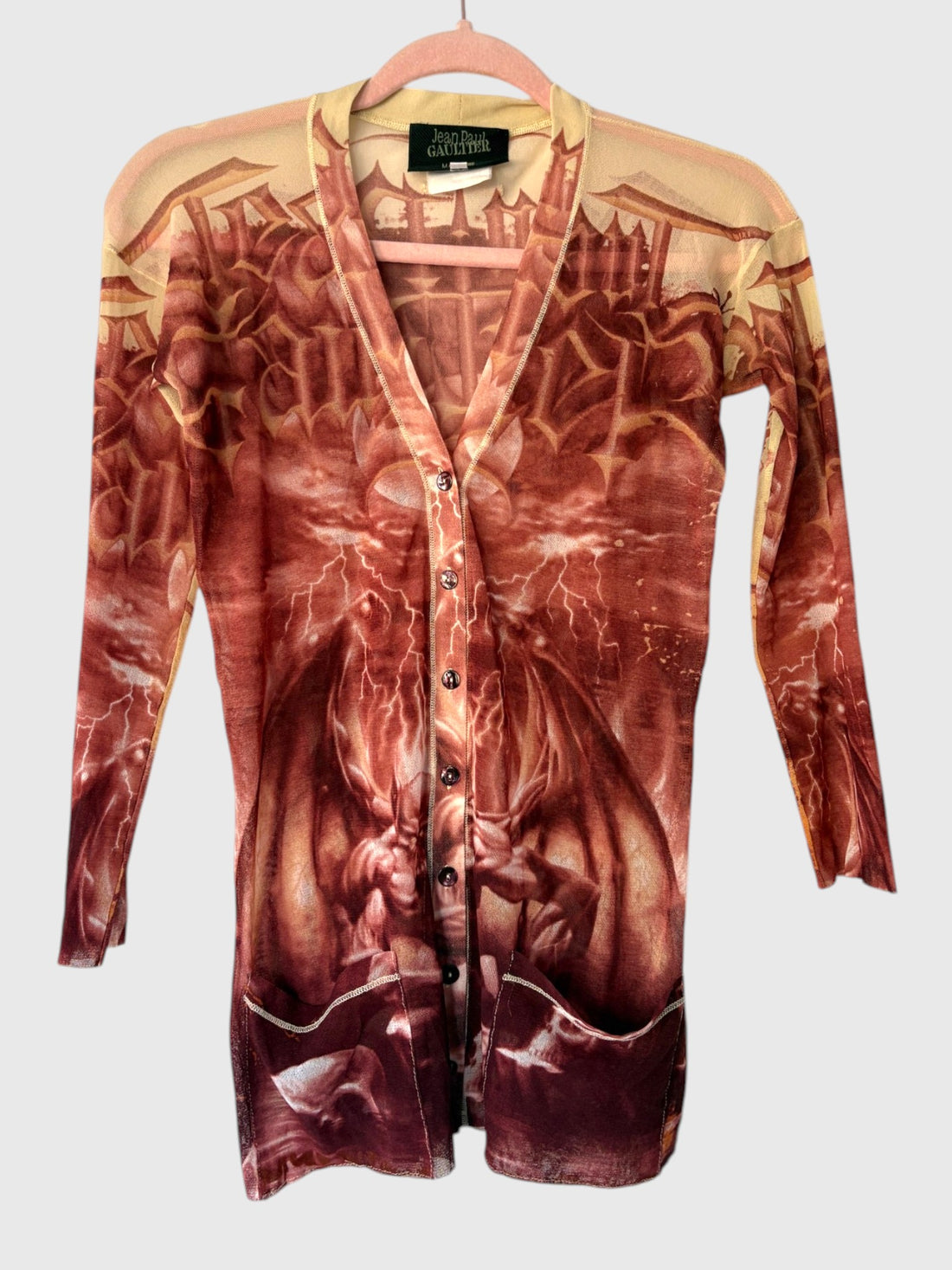 Vintage Jean Paul Gaultier S/S 2001 demon print mesh cardigan