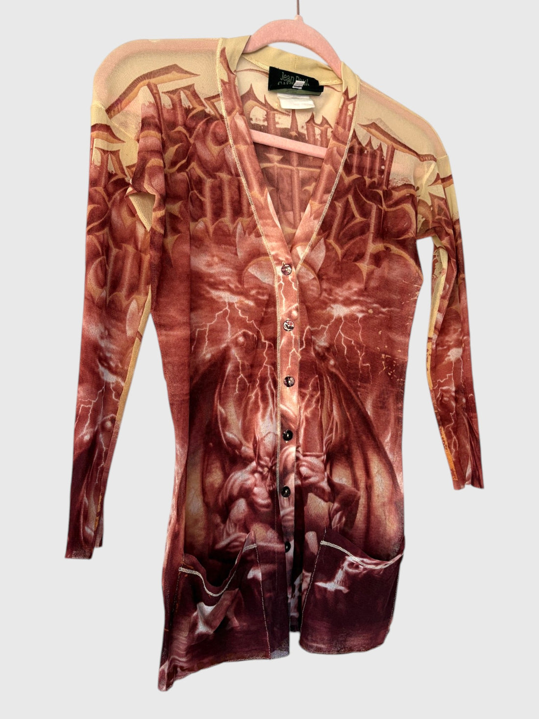 Vintage Jean Paul Gaultier demon print cardigan sleeve detail
