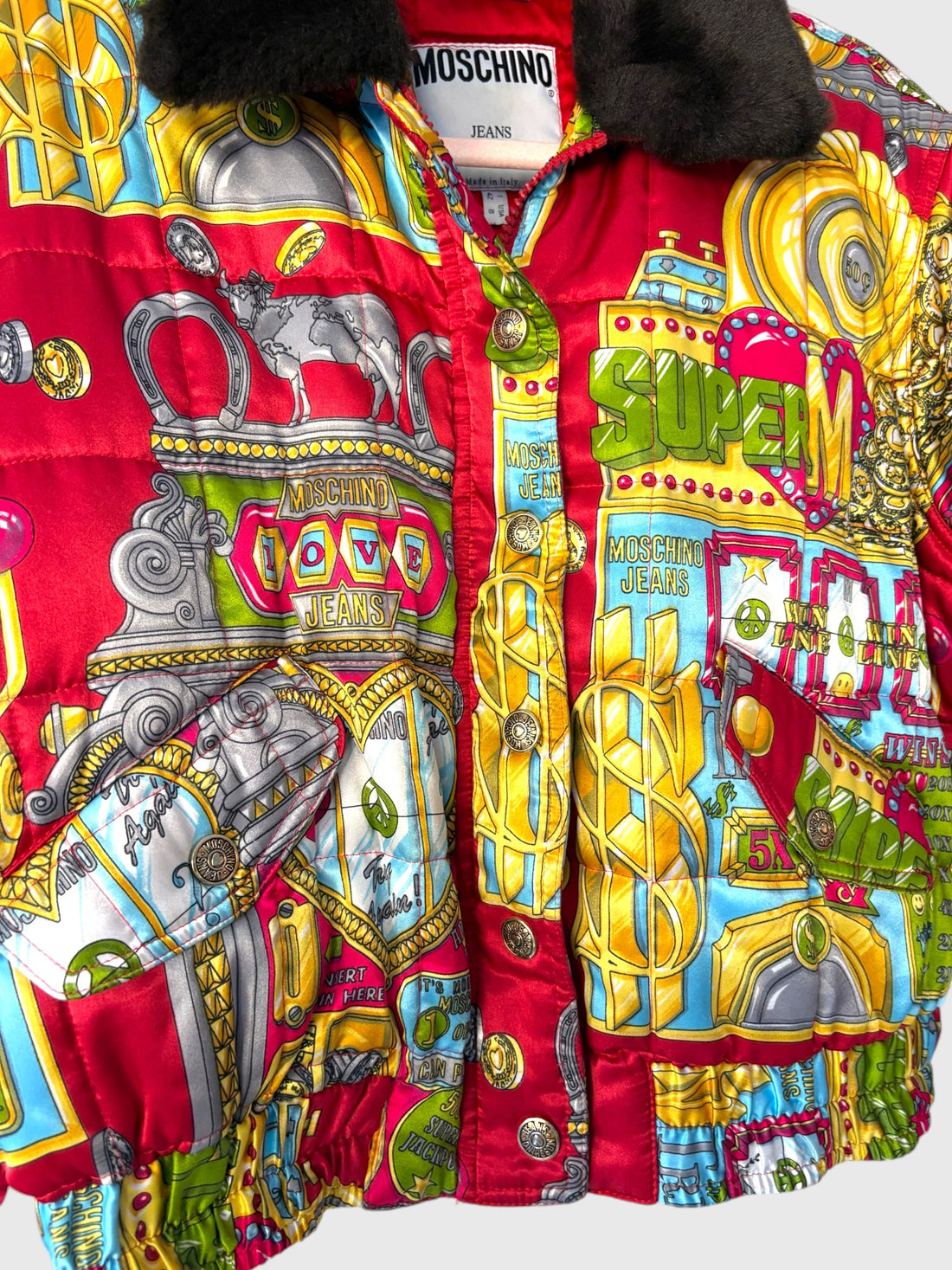 Vintage Moschino slot machine jacket novelty print detail with snap and zip closure
