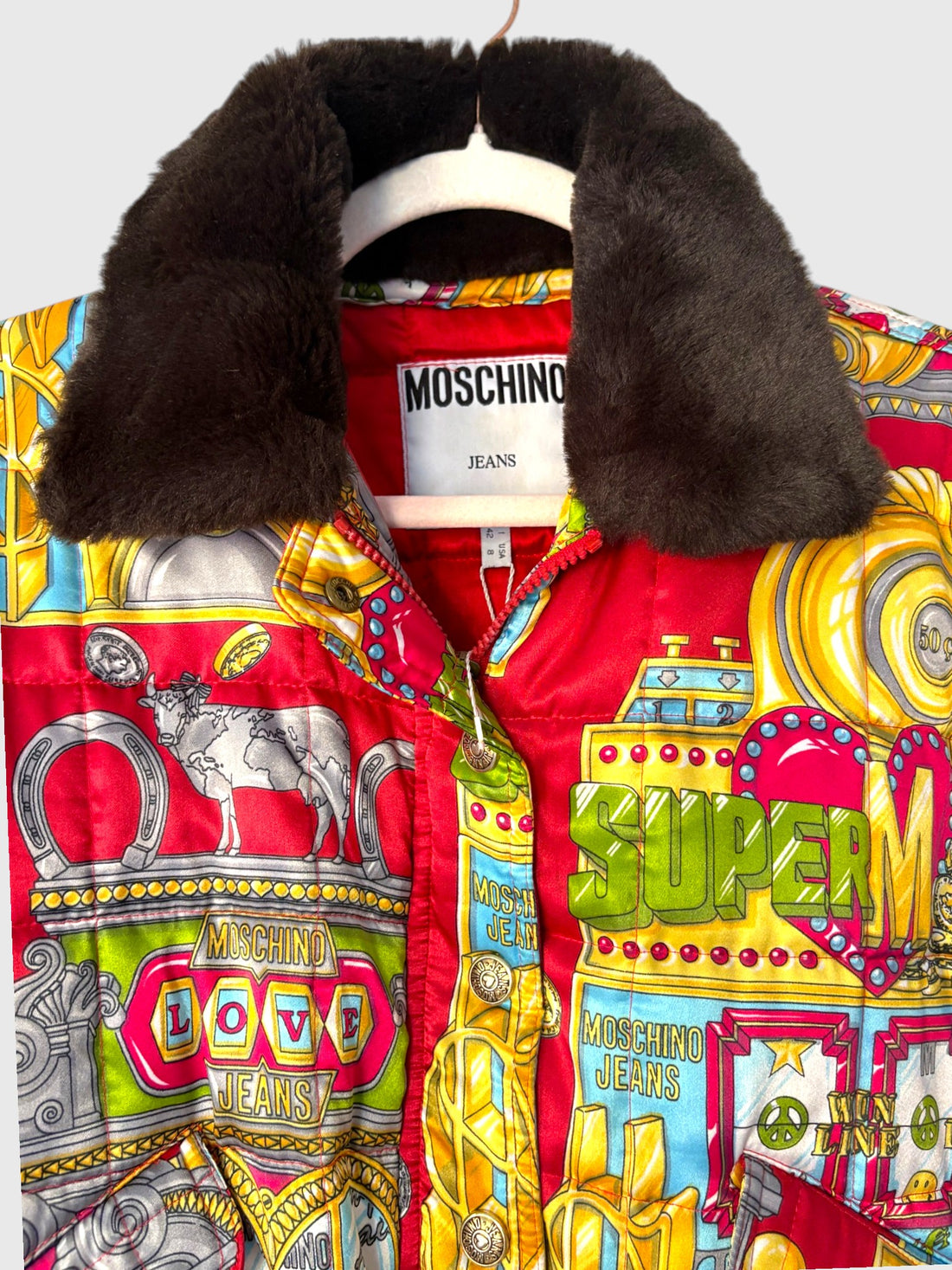 Vintage Moschino casino jacket black faux fur collar detail