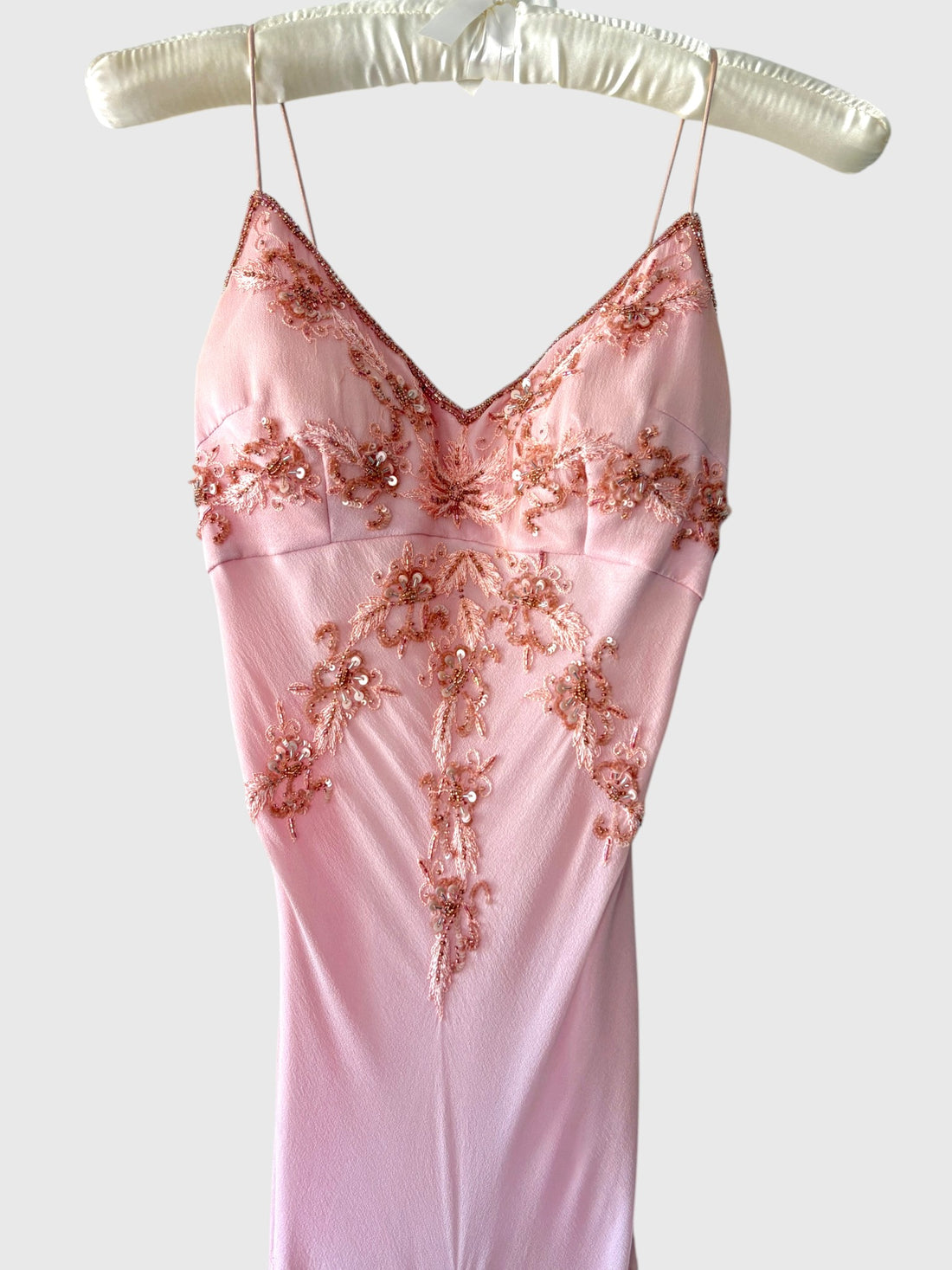 Adrianna Papell blush pink silk gown with floral beadwork and sequins