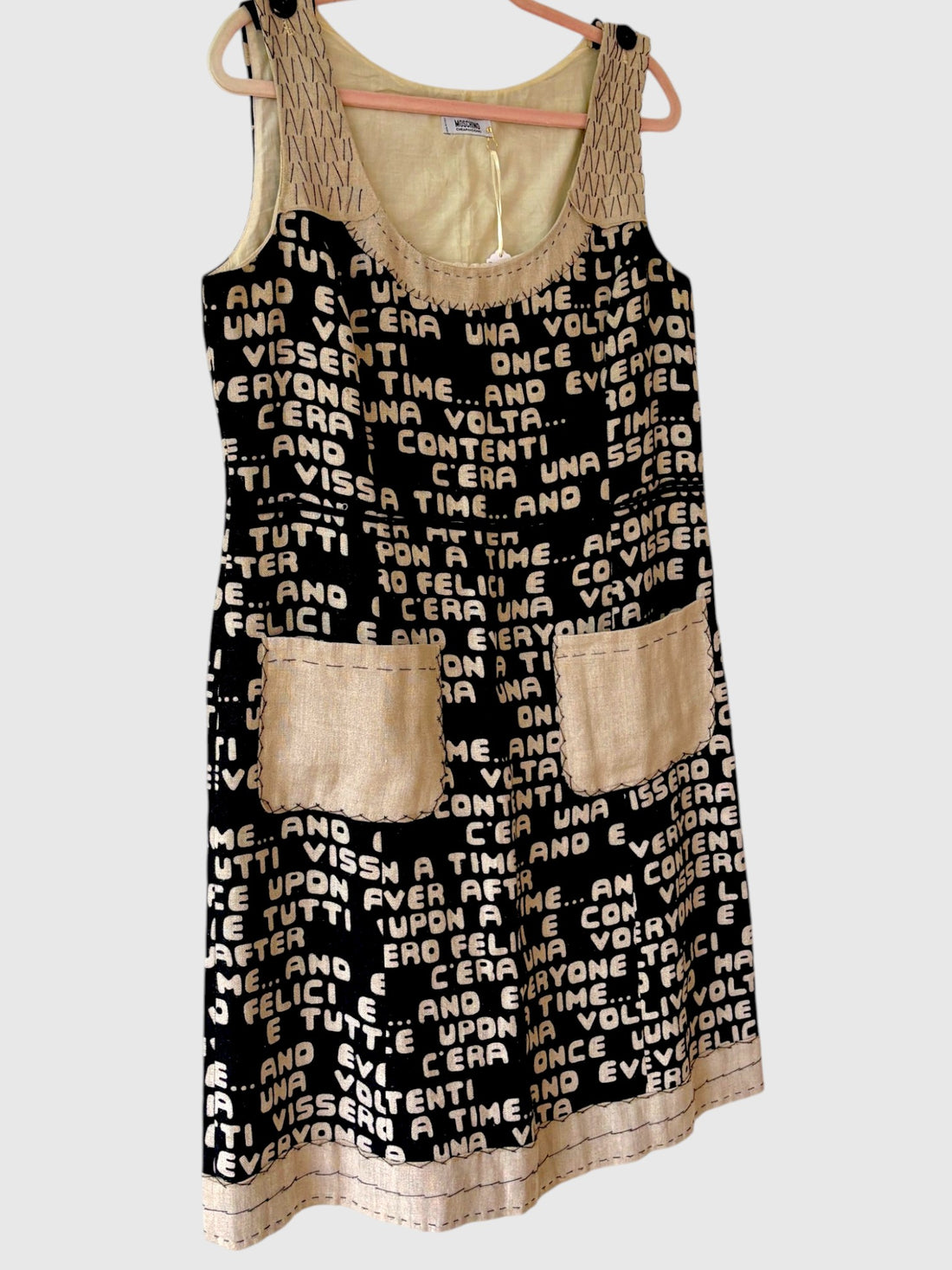 Vintage 1990s Moschino text print shift dress with oversized pockets