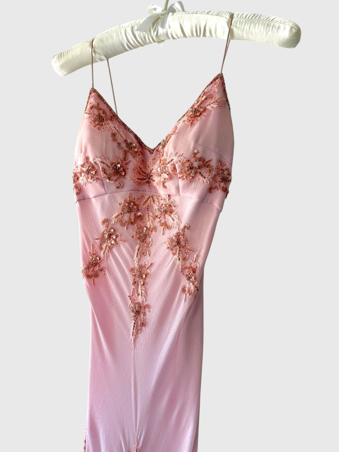 Y2K Adrianna Papell pink silk gown with embroidered beaded bodice