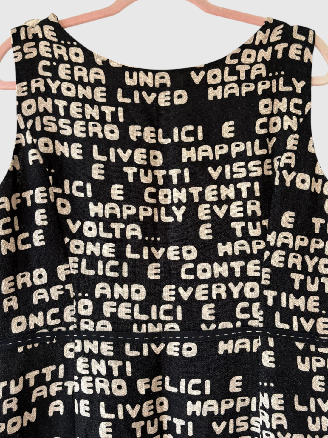 Once Upon a Time text print detail on vintage Moschino linen blend fabric at back neckline