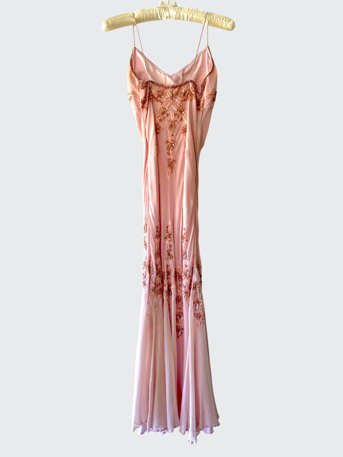 Back of vintage Y2K Adrianna Papell pink silk beaded gown