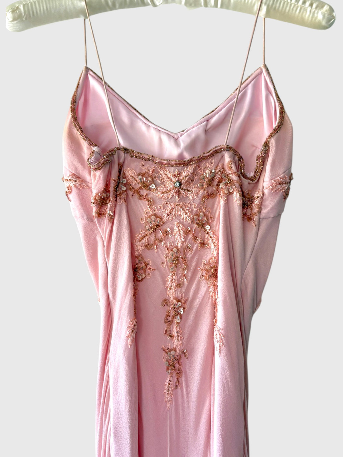Back detail of Adrianna Papell pink embroidered silk evening dress