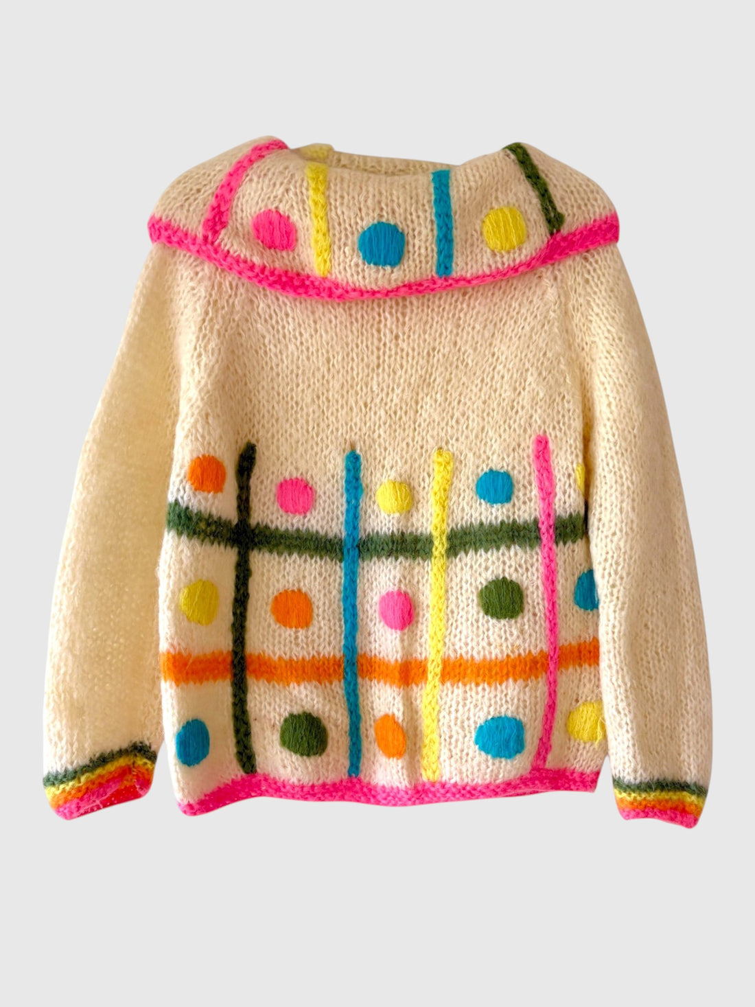 Vintage Italian wool mohair cowl neck sweater in cream with colorful abstract knit design