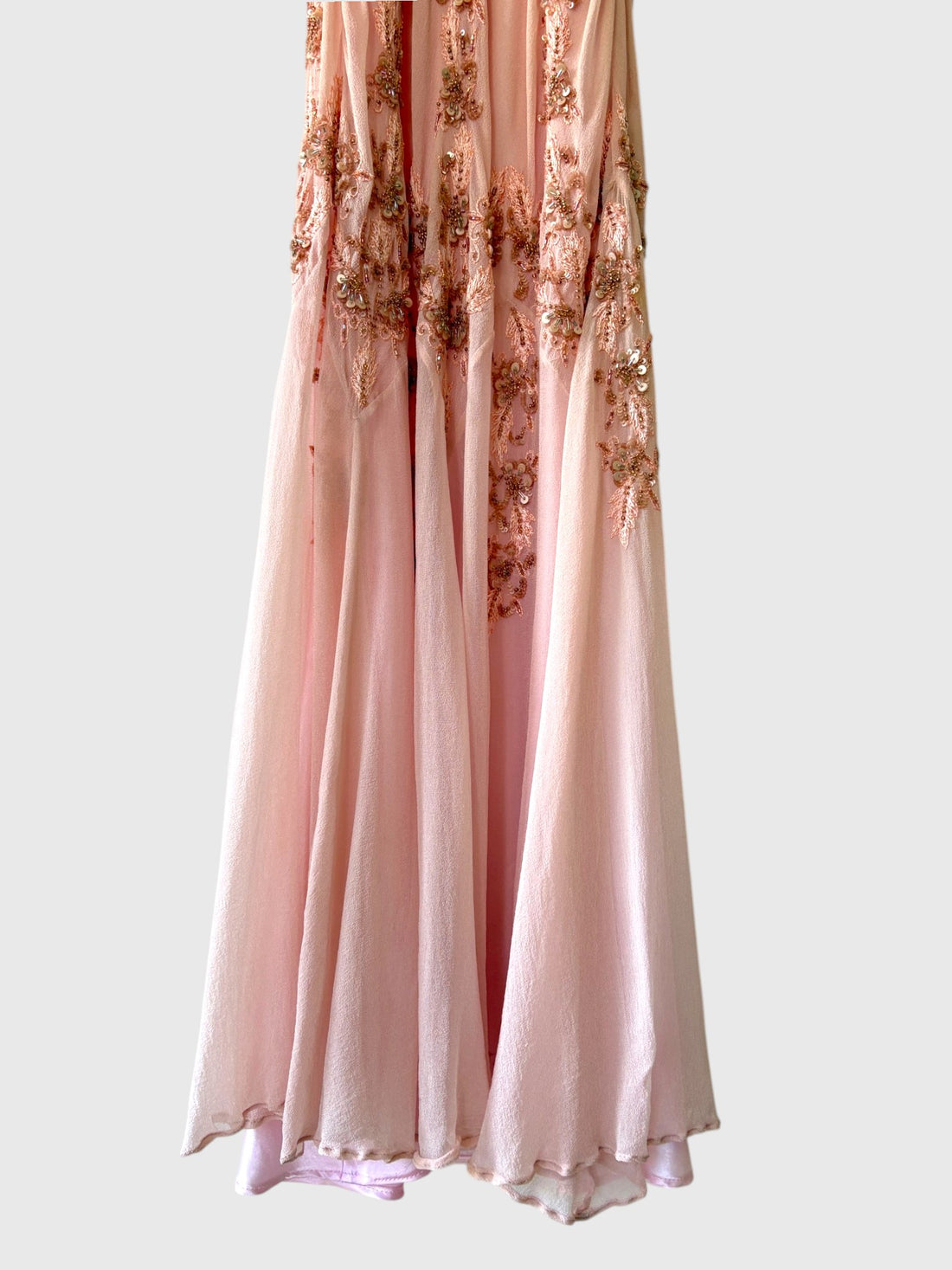 Adrianna Papell blush pink silk gown with embellished flared skirt