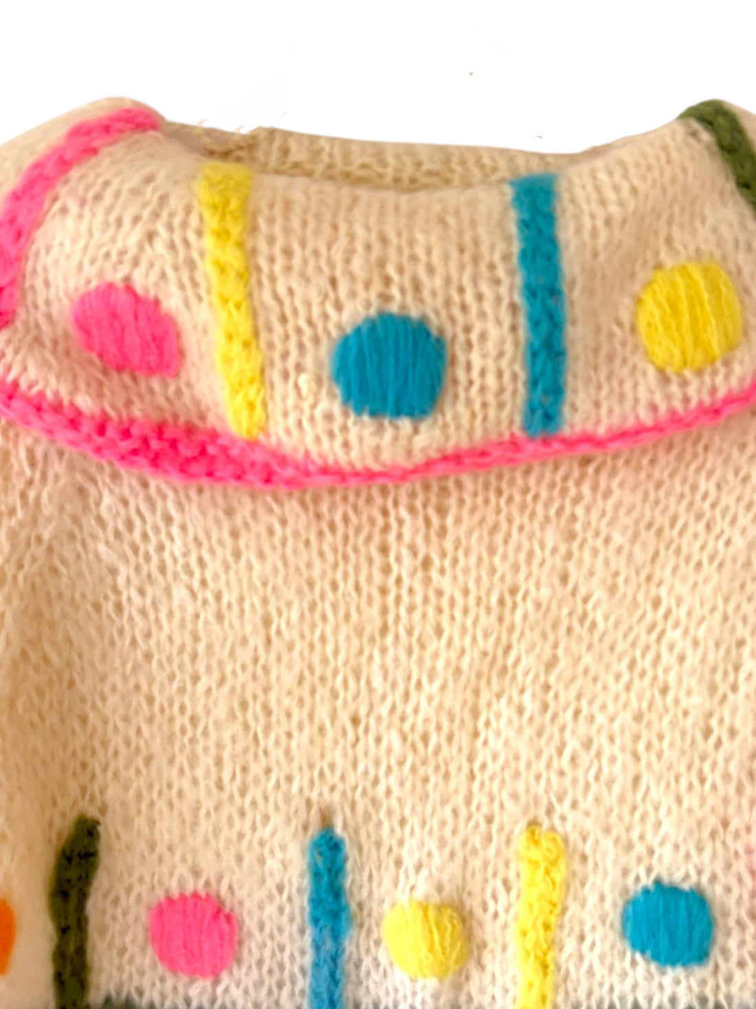 Close view of oversized cowl neck on vintage Italian art knit sweater