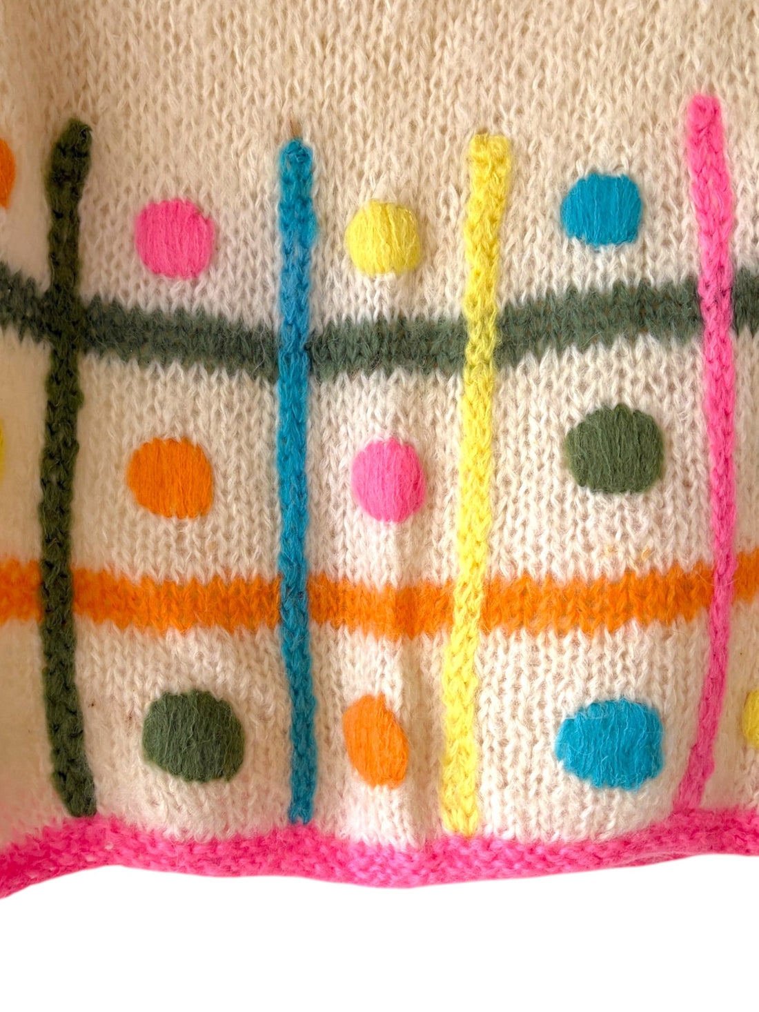 Close up of abstract geometric motifs on vintage wool mohair sweater