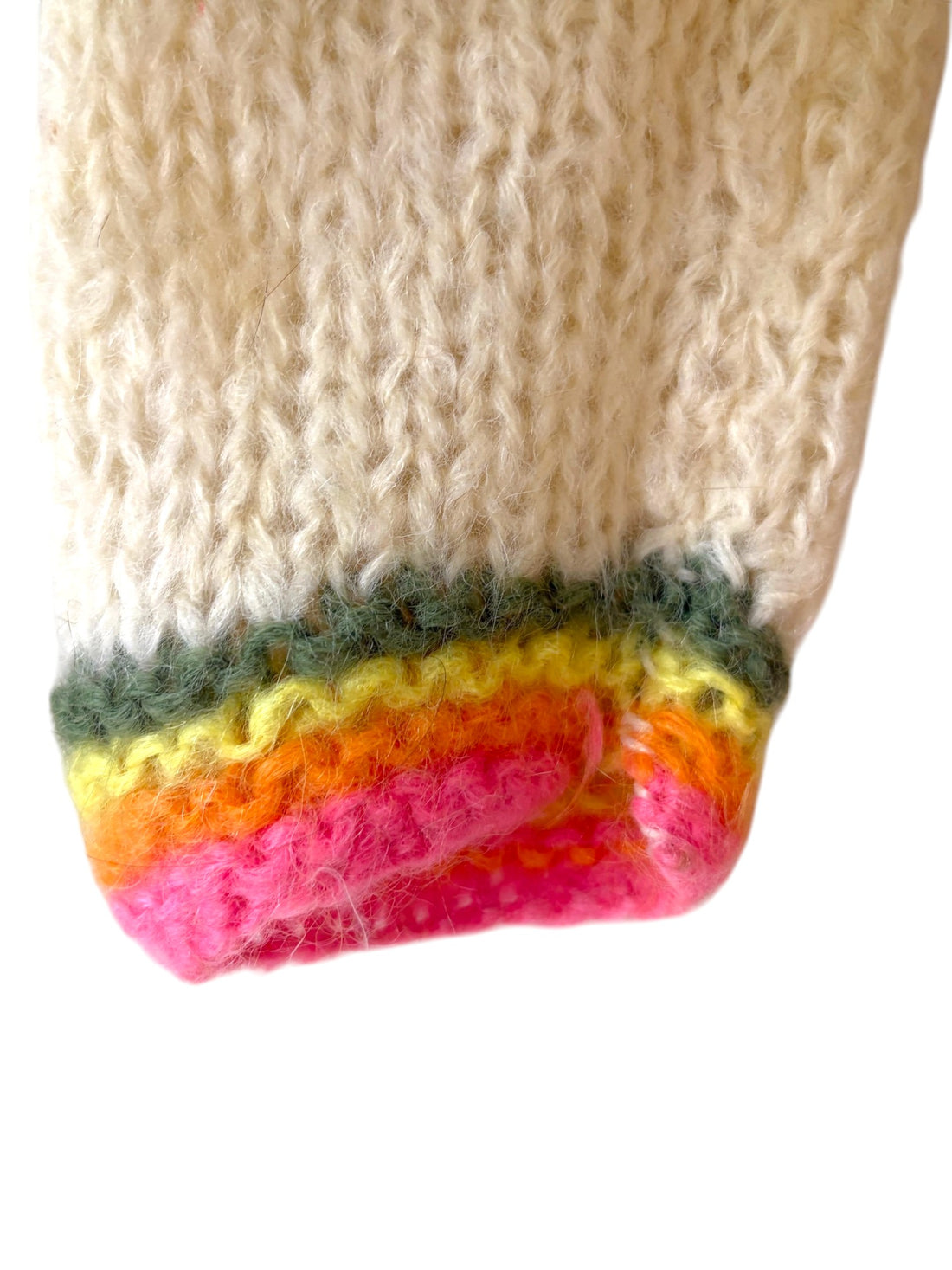 Striped cuff detail on colorful vintage Italian knit sweater
