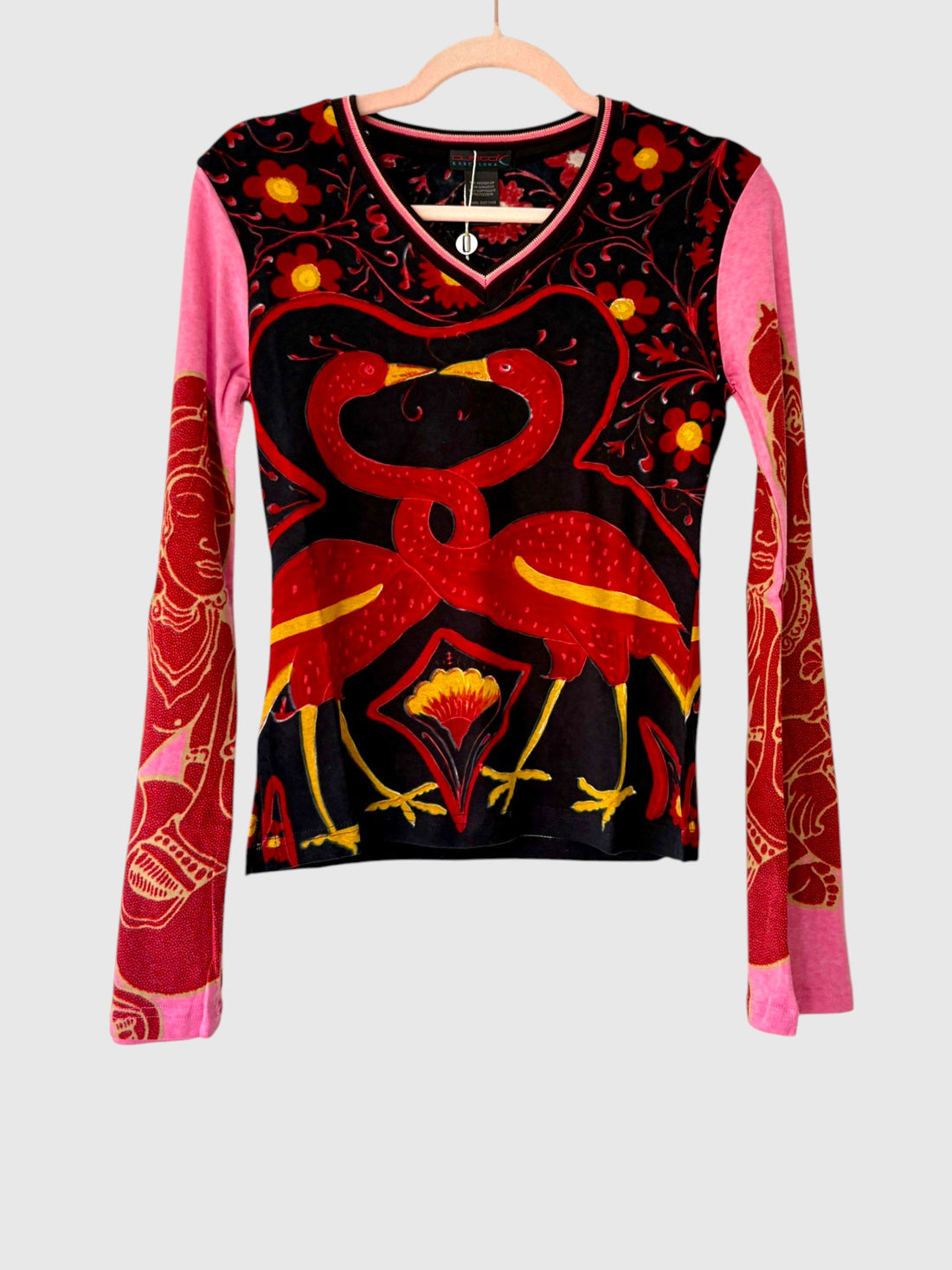Custo Barcelona Morrison Birds vintage Y2K top with red intertwined bird artwork, black floral print and contrasting pink sleeves