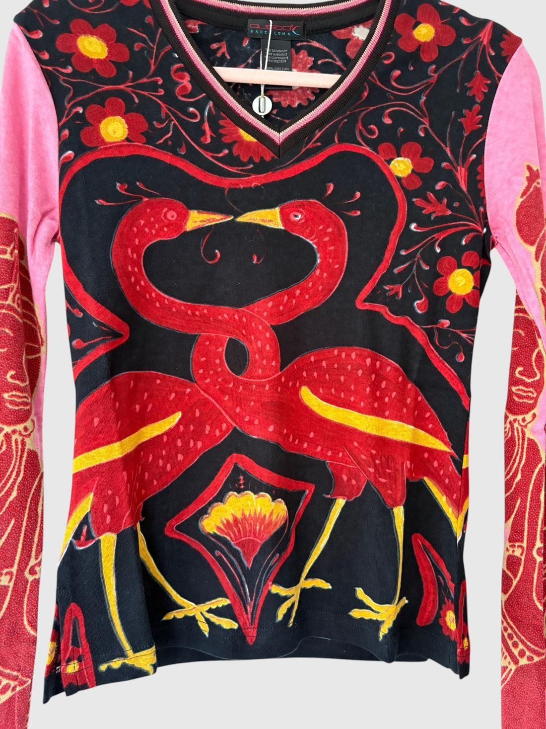 Detailed red bird and yellow floral illustration on black cotton fabric of Custo Barcelona Morrison Birds designer top