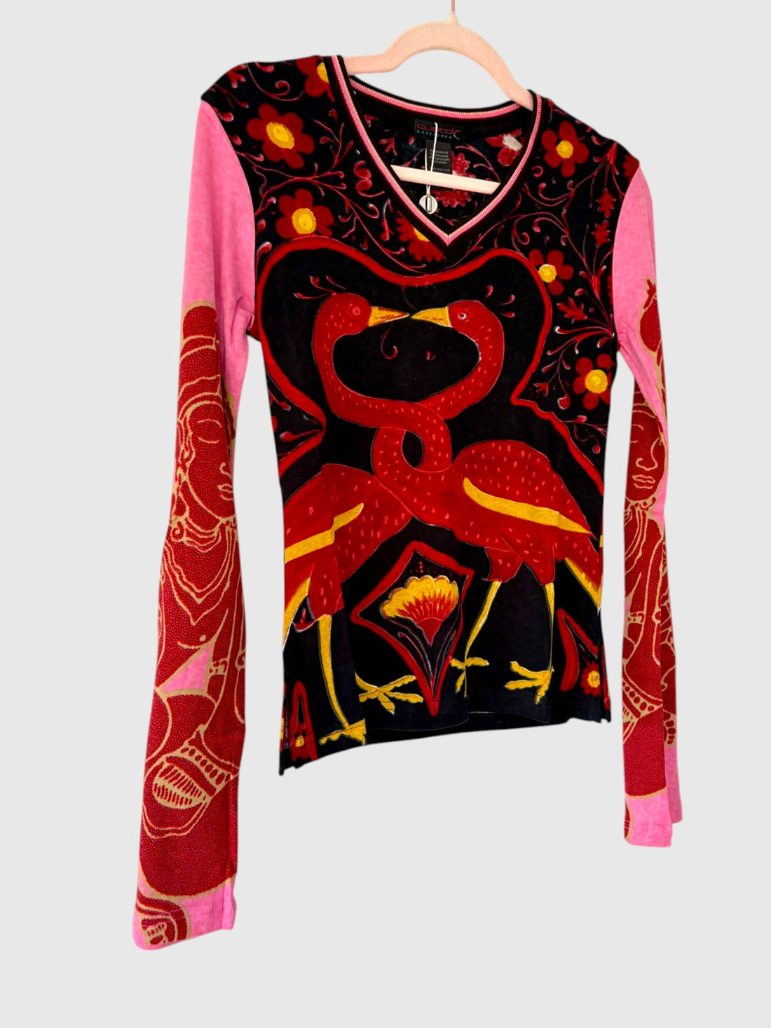 Custo Barcelona Morrison Birds fitted cotton top with bold black red and yellow floral artwork from the Y2K era