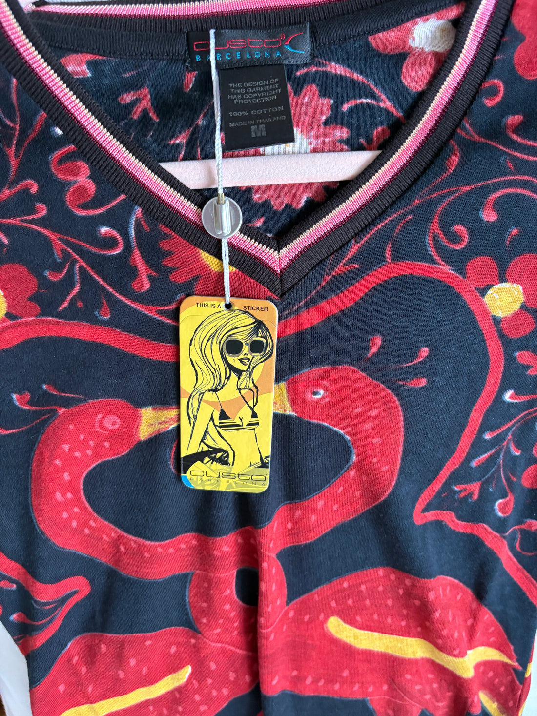Original Custo Barcelona designer label and attached hangtag on unworn vintage deadstock Morrison Birds cotton top