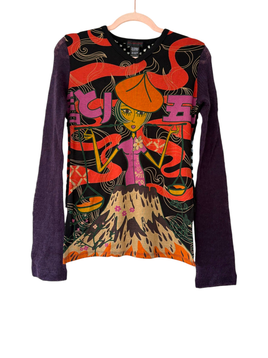 Vintage Y2K Custo Barcelona archival graphic top with illustrated woman print, sheer purple sleeves and V neckline