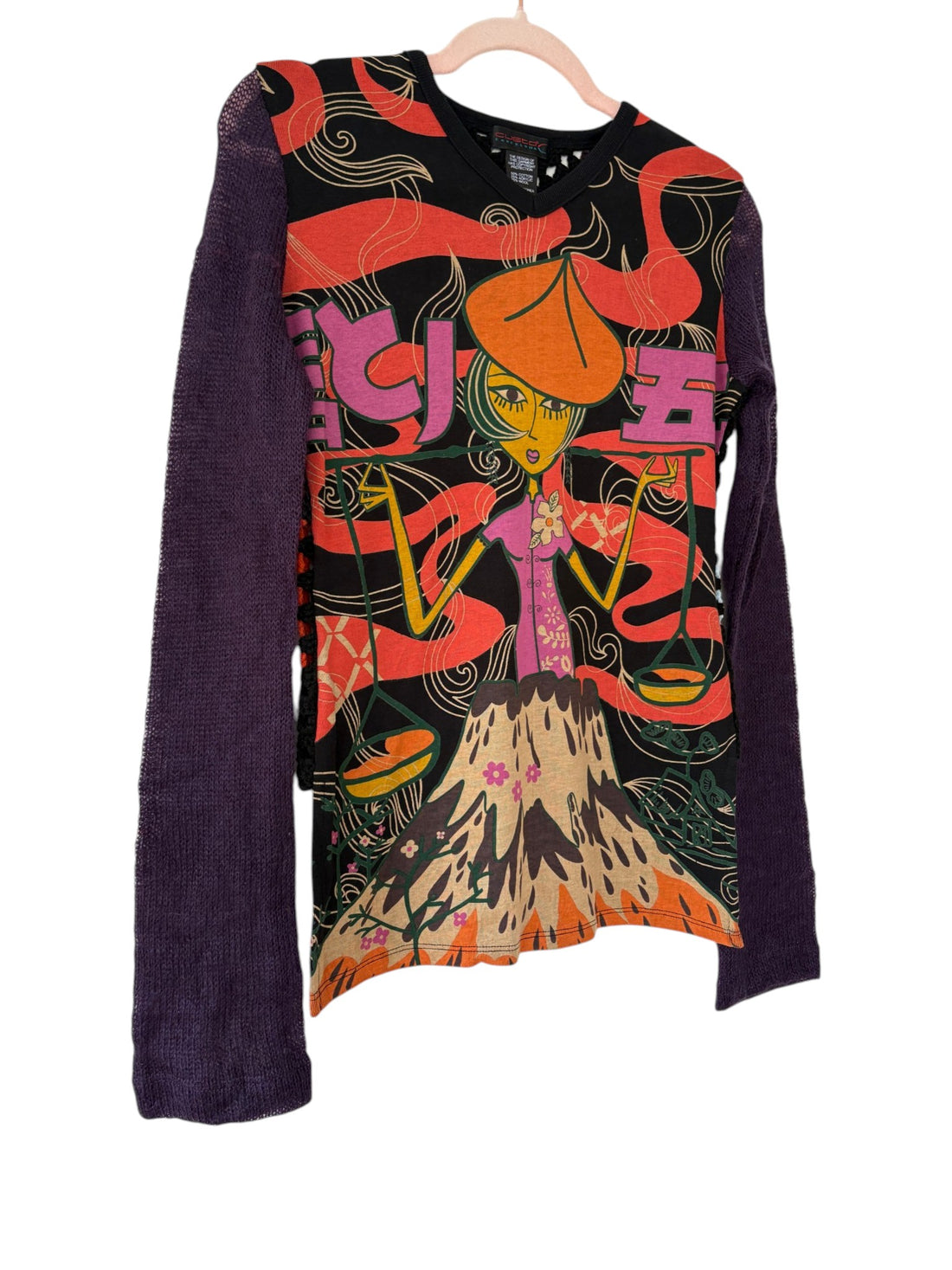 Vintage Custo Barcelona mixed media designer top showing sheer purple sleeves and distinctive longer front shorter back silhouette