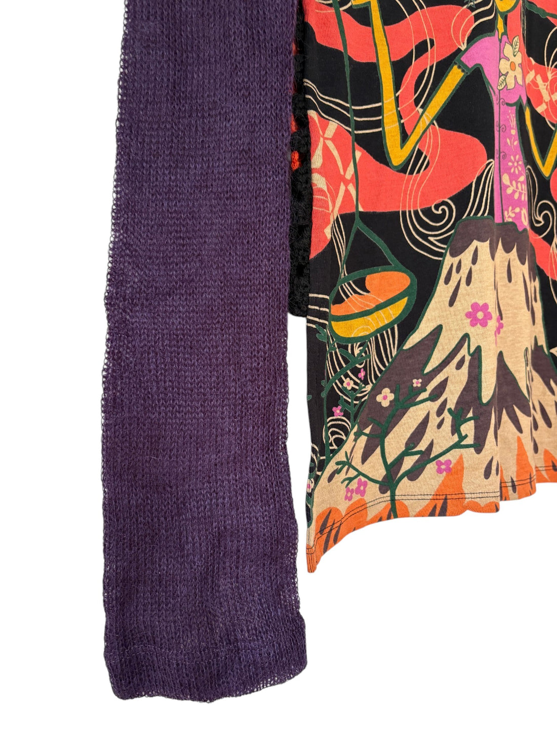 Sheer purple knit sleeve detail on vintage Y2K Custo Barcelona archival graphic top