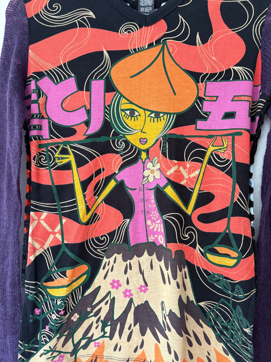 Detailed illustrated artwork on vintage Custo Barcelona Y2K top with colorful abstract print and contrasting purple trim