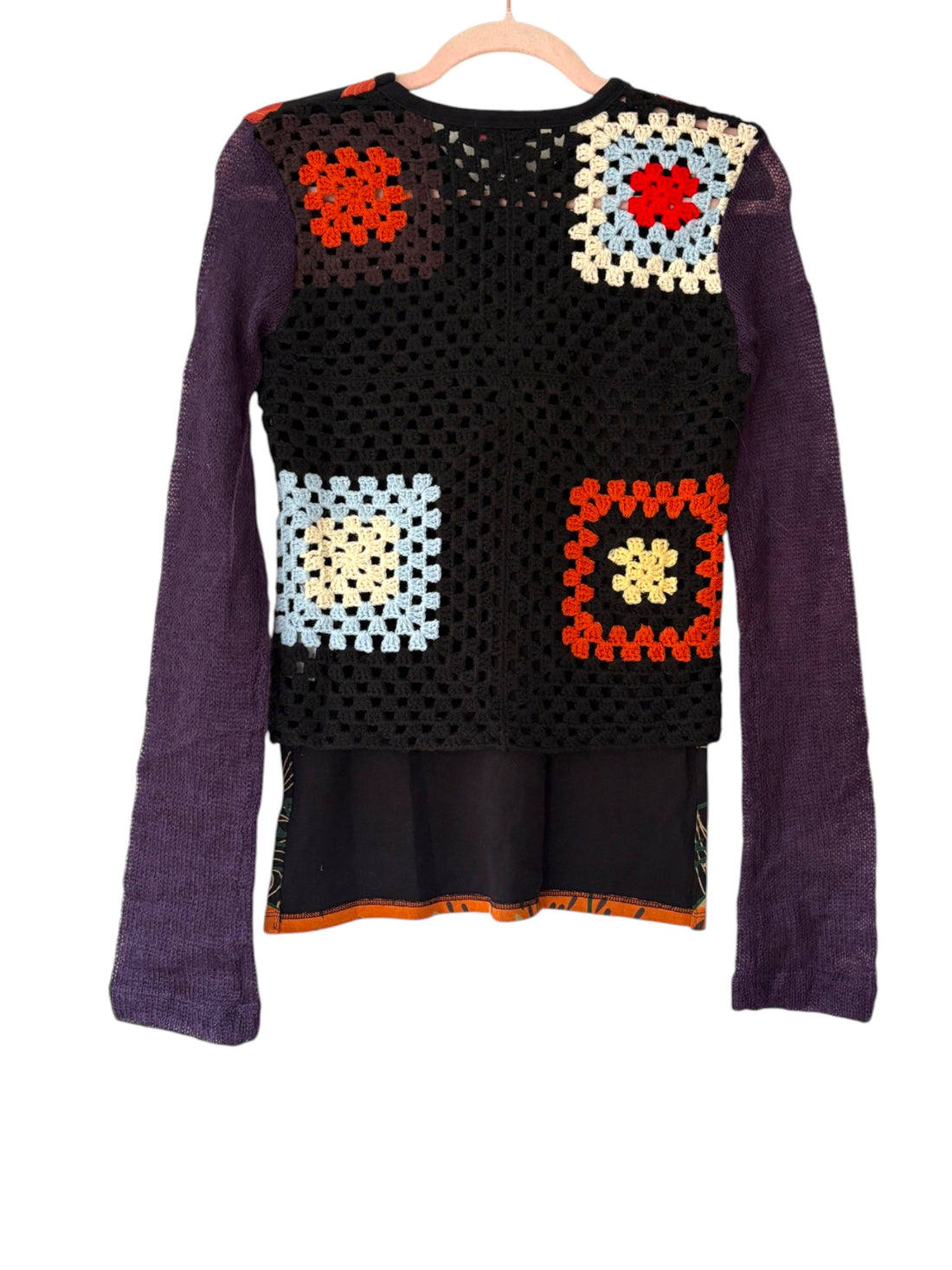 Custo Barcelona early 2000s designer top featuring colorful open crochet granny square back and purple long sleeves
