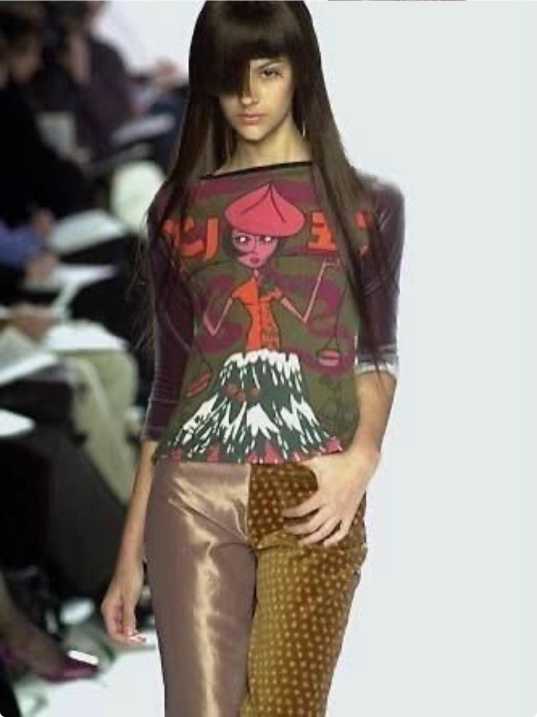 Archival Custo Barcelona runway photograph featuring the same illustrated graphic print used on this vintage Y2K top