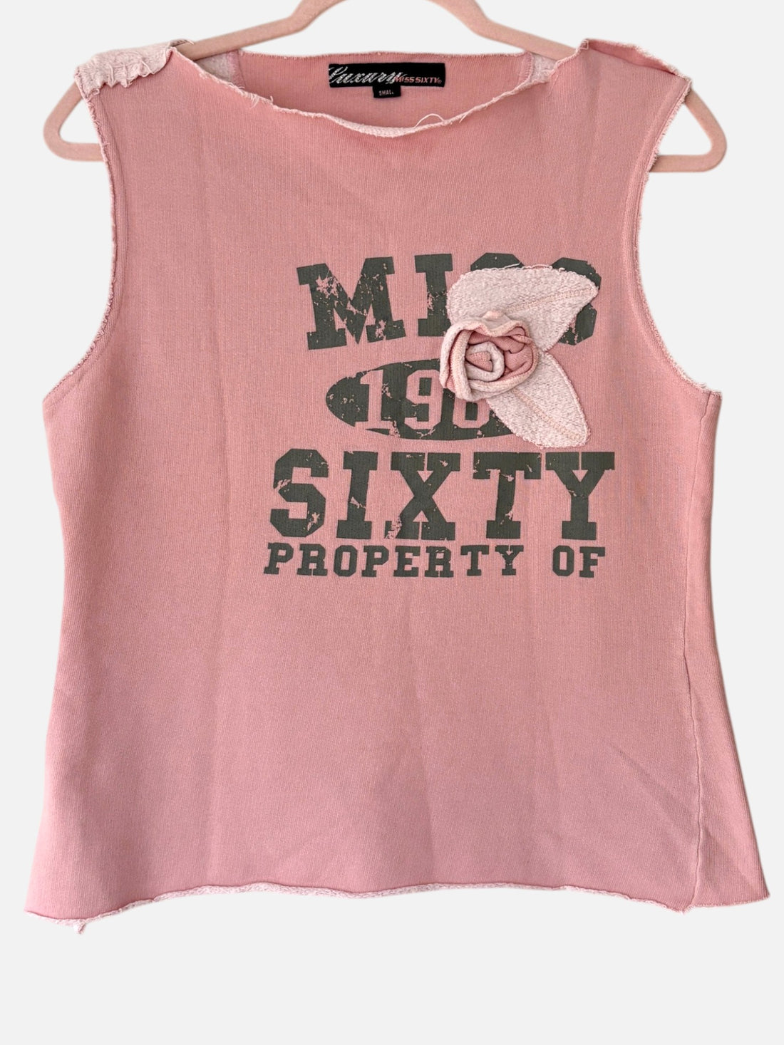 Vintage Y2K Luxury Miss Sixty blush pink graphic tank with flower appliqué