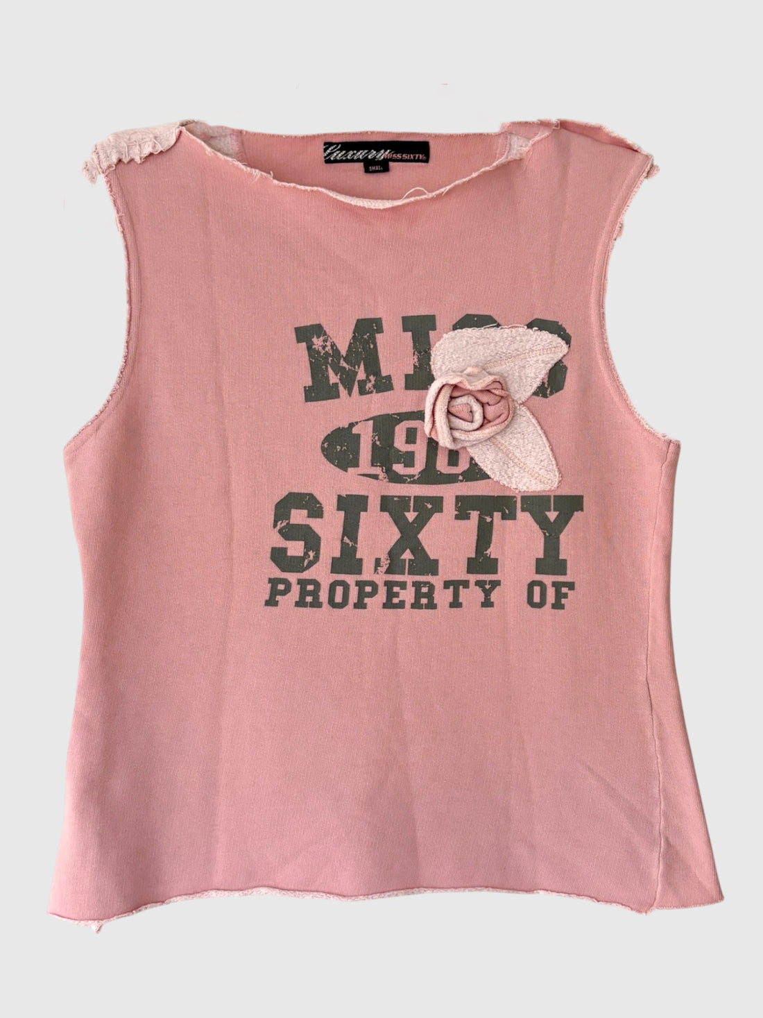 Vintage Y2K Luxury Miss Sixty blush pink graphic tank with flower appliqué