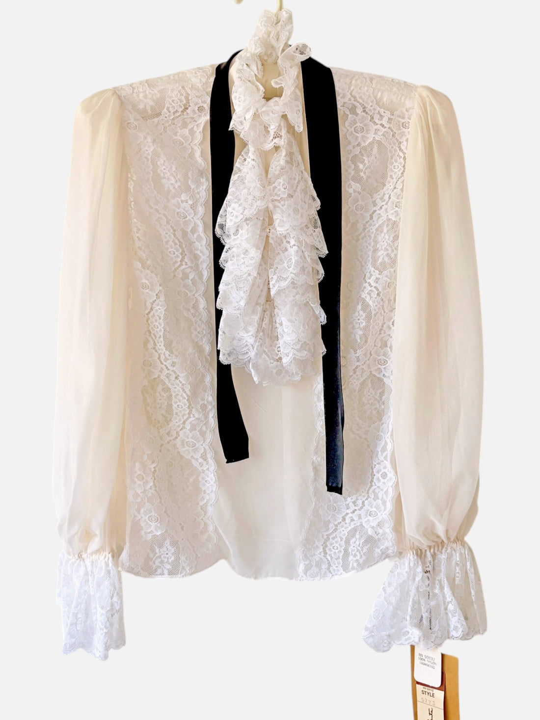 Deadstock Oscar de la Renta ivory lace blouse with black ribbon ties