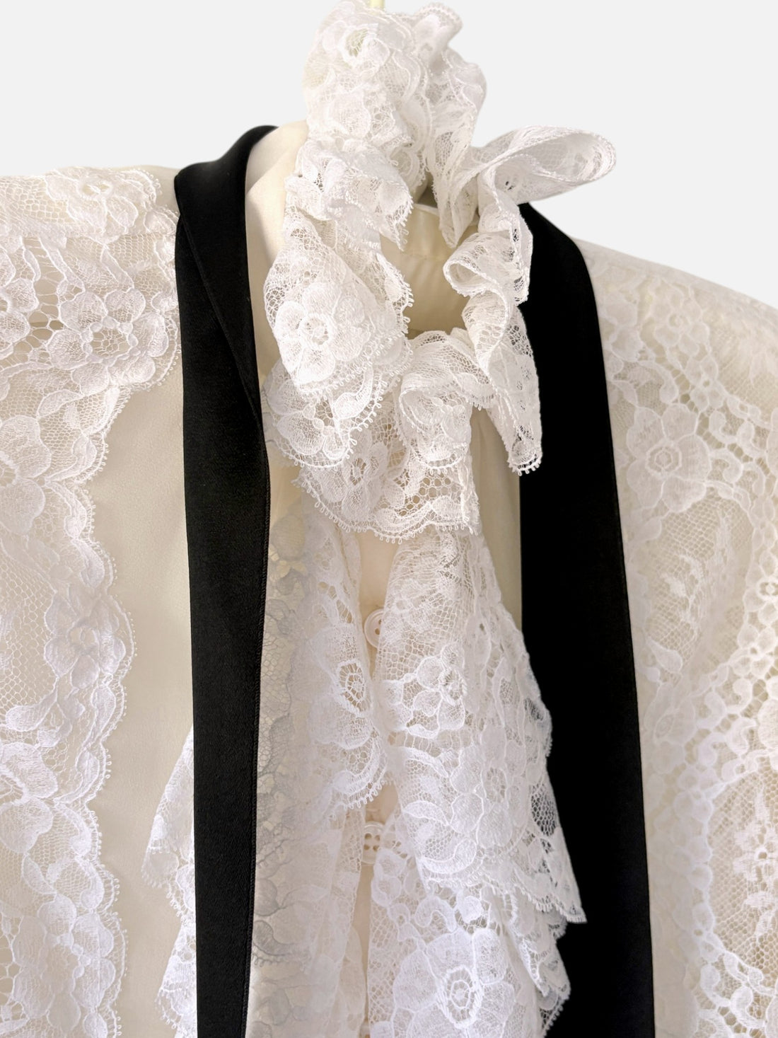 High ruffled collar and lace jabot on vintage Oscar de la Renta blouse