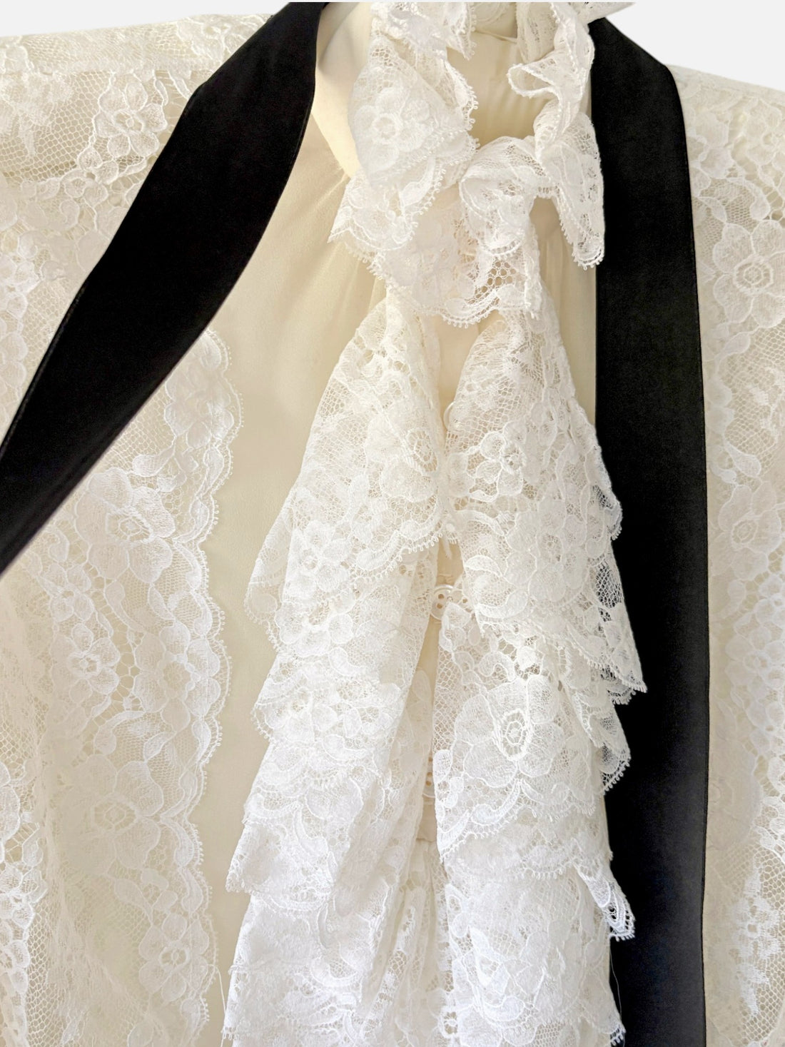 Black satin neck ties on 1970s Oscar de la Renta lace blouse