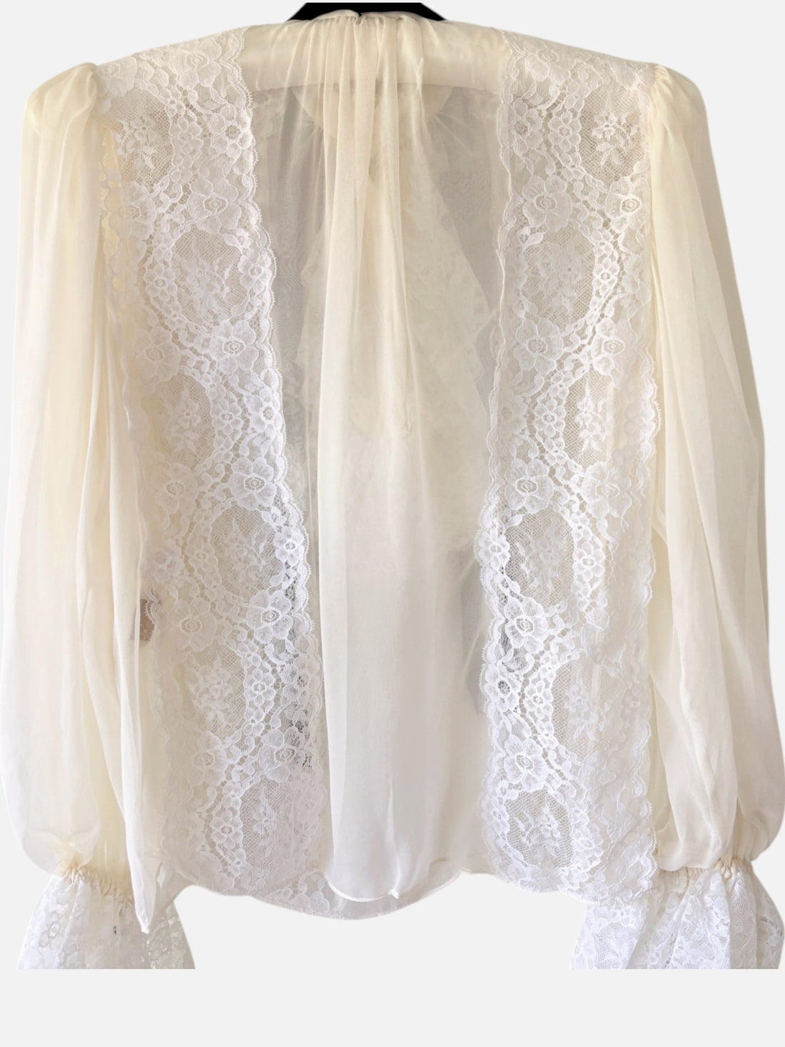 Sheer chiffon back and floral lace construction on vintage Oscar blouse