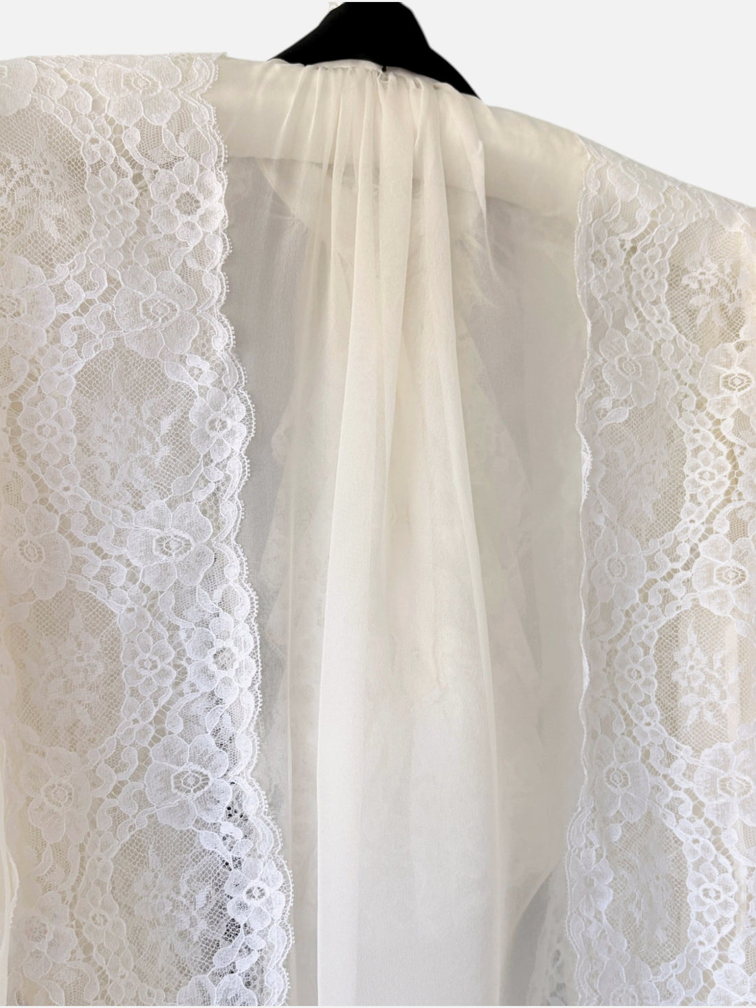 Upper back detail of 1970s Oscar de la Renta lace and chiffon blouse