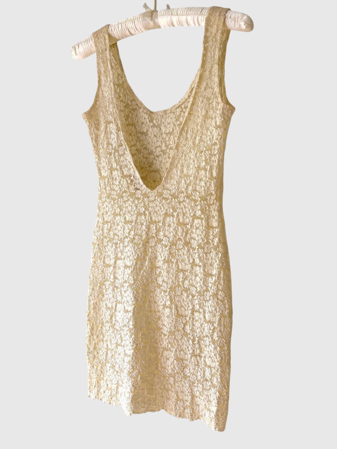 Low scoop back on vintage Victoria’s Secret ivory lace dress