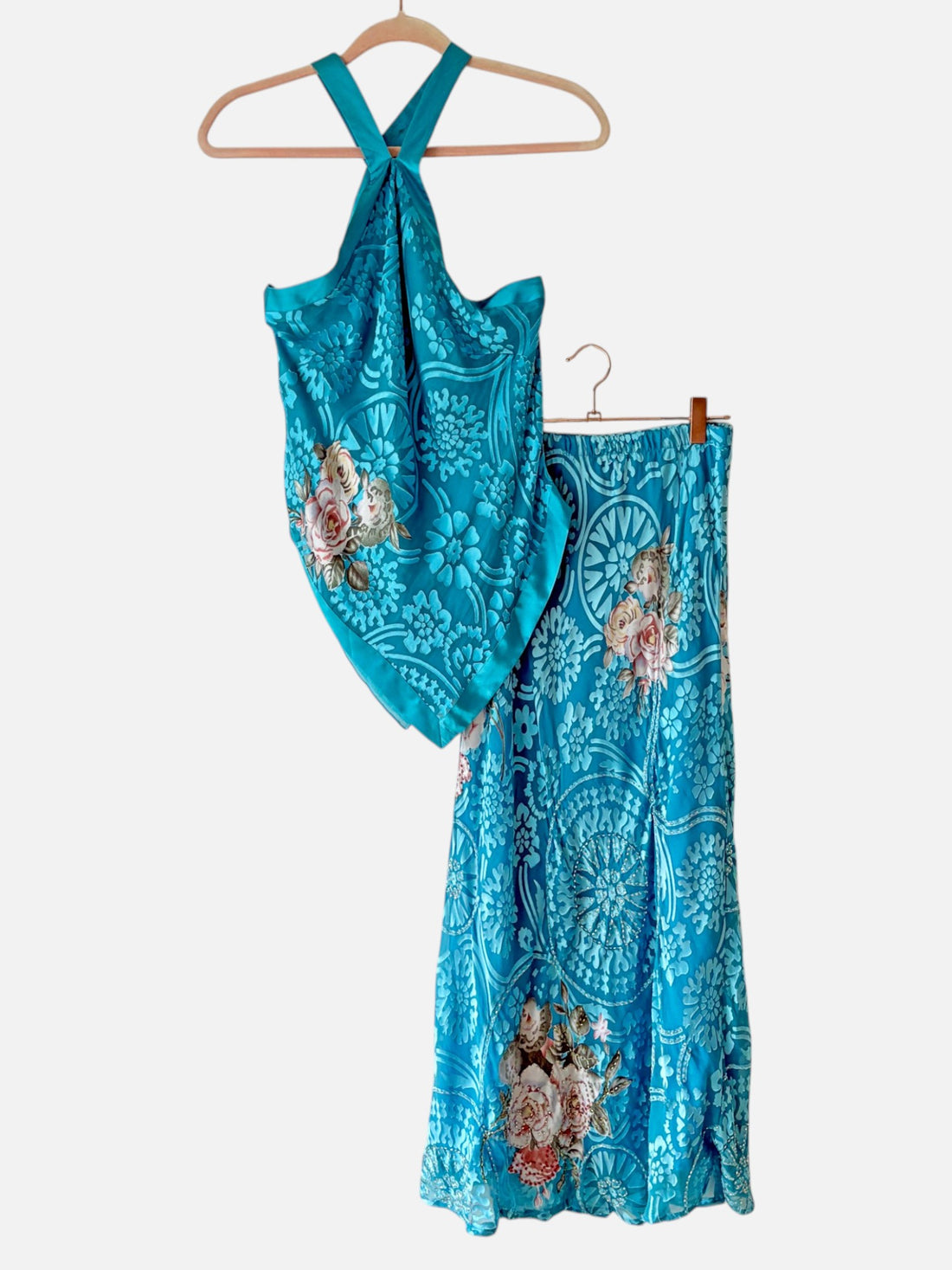 Vintage Y2K Silk Burnout Velvet Beaded Halter & Skirt Set