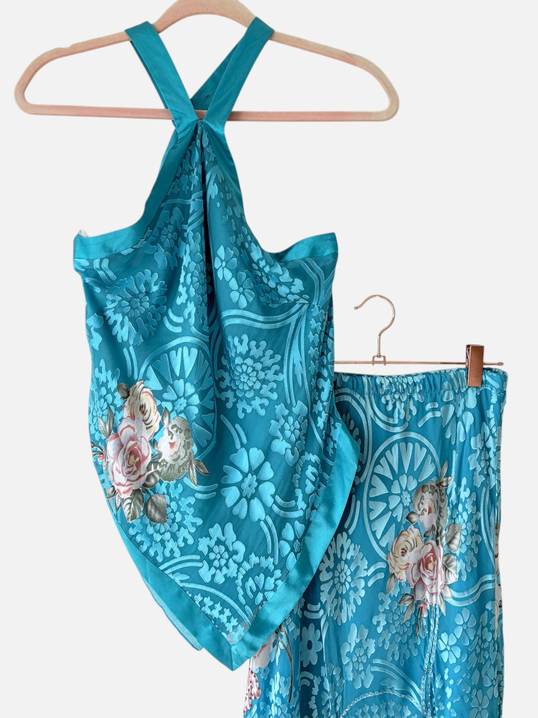 Vintage Y2K Silk Burnout Velvet Beaded Halter & Skirt Set