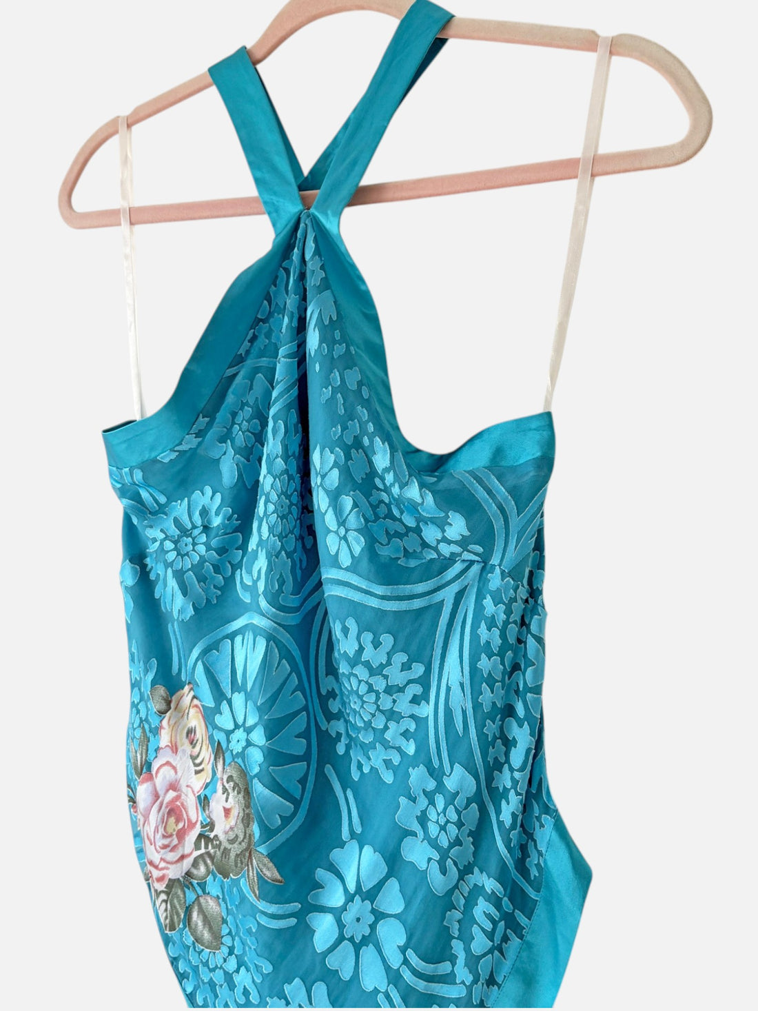 Vintage Y2K Silk Burnout Velvet Beaded Halter & Skirt Set